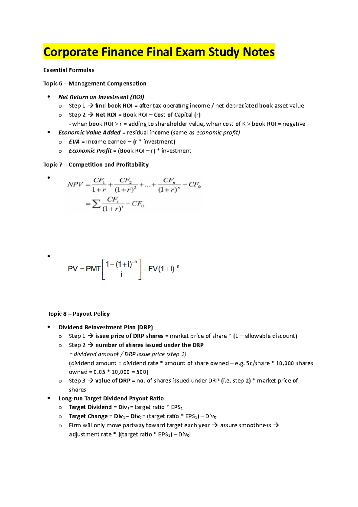 Corporate Finance Final Exam Study Notes - Corporate Finance Final Exam ...