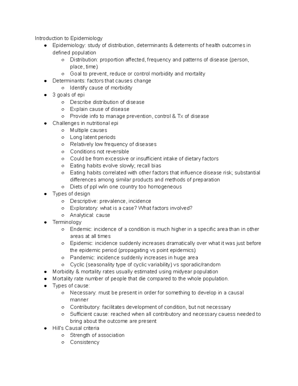Nutritional Epidemiology Exam 1 Study Guide Introduction to