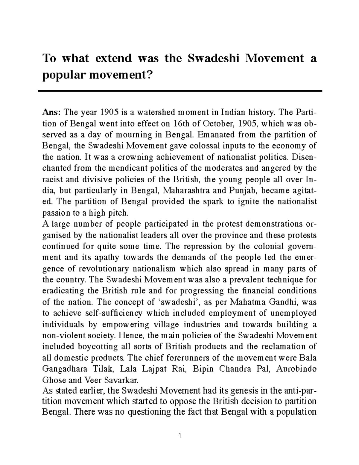 Subaltern role in evolution of swadeshi - To what extend was the ...