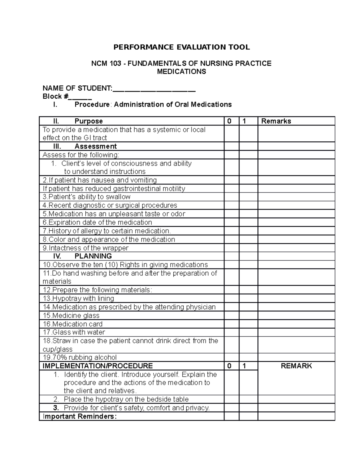 ORAL MEDS Checklist - Skl - PERFORMANCE EVALUATION TOOL NCM 103 ...