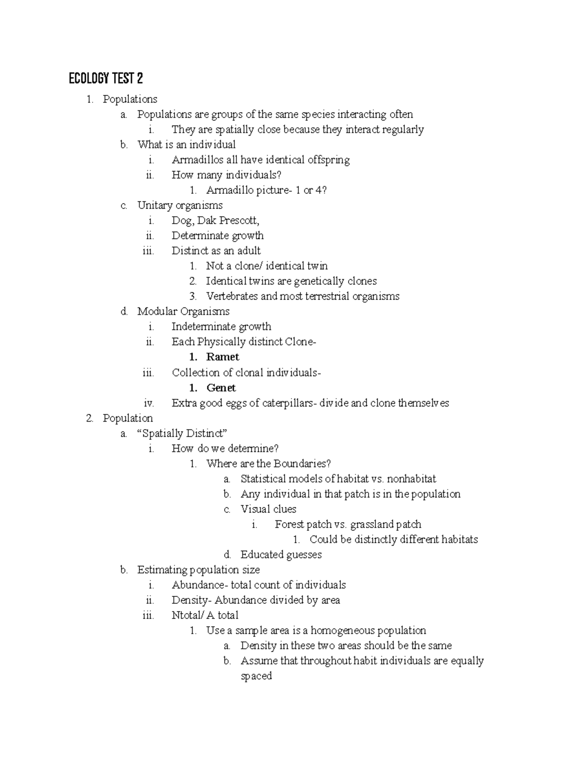 Ecology Test 2 - Ecology test 2 Populations a. Populations are groups ...