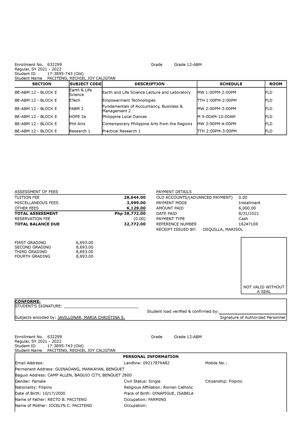 Paciteng, Rechiel JOY C - Enrollment No. 632299 Regular, SY 2021 - 2022 ...