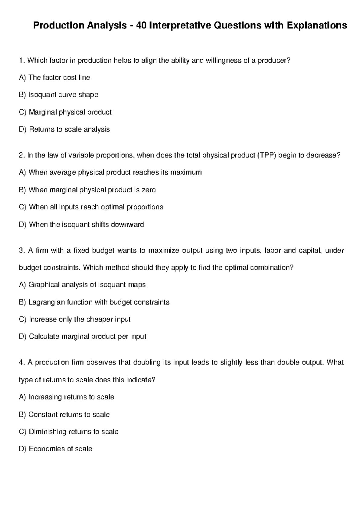 Production Analysis 40 Questions Explanations - Production Analysis ...