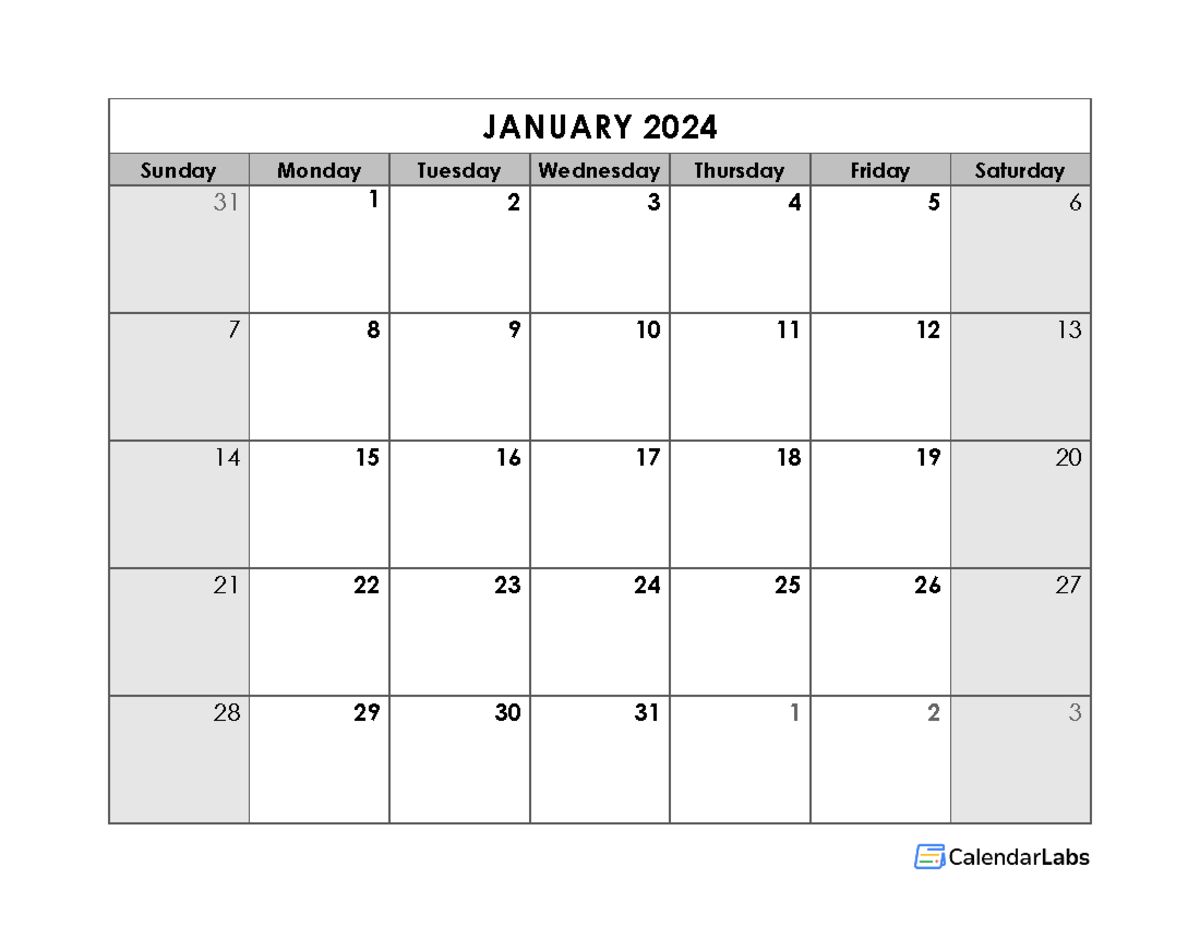 2024 blank monthly calendar 01 - Sunday Monday Tuesday Wednesday ...