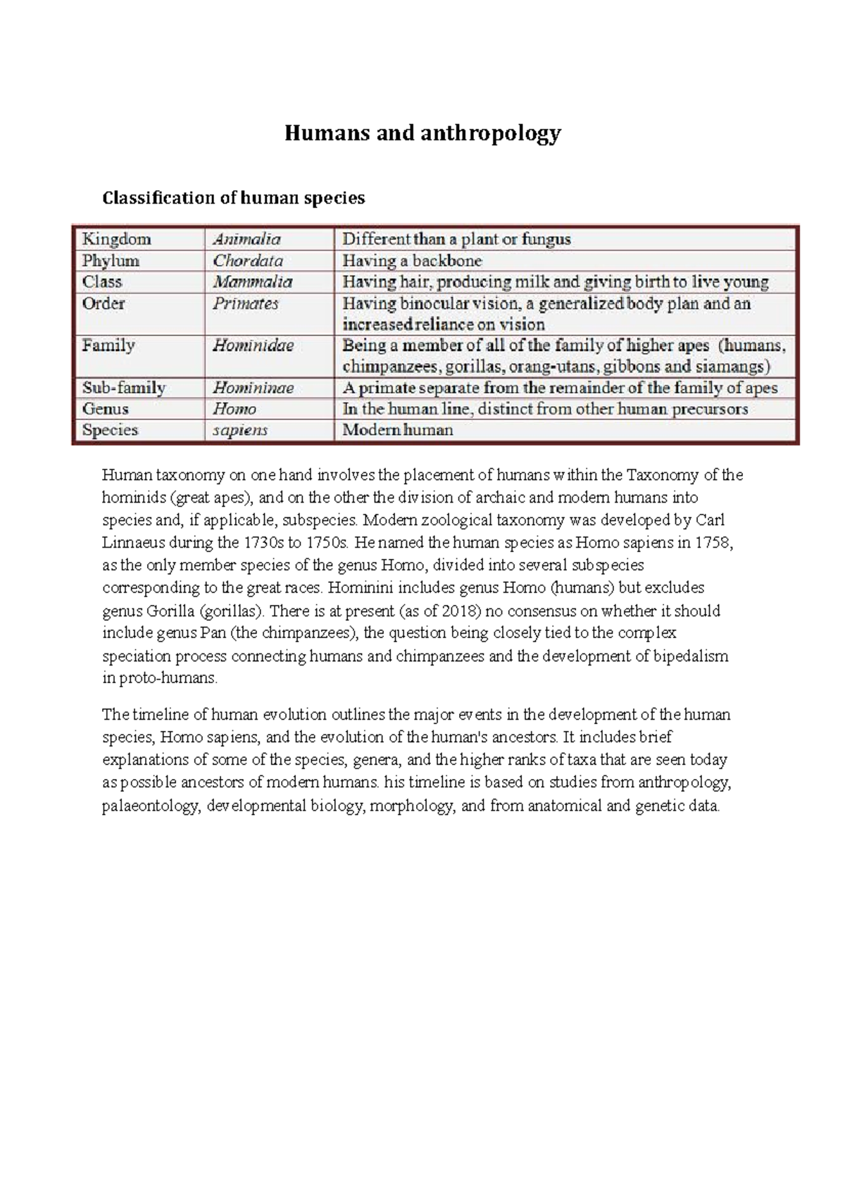 Humans And Anthropology Humans And Anthropology Classification Of