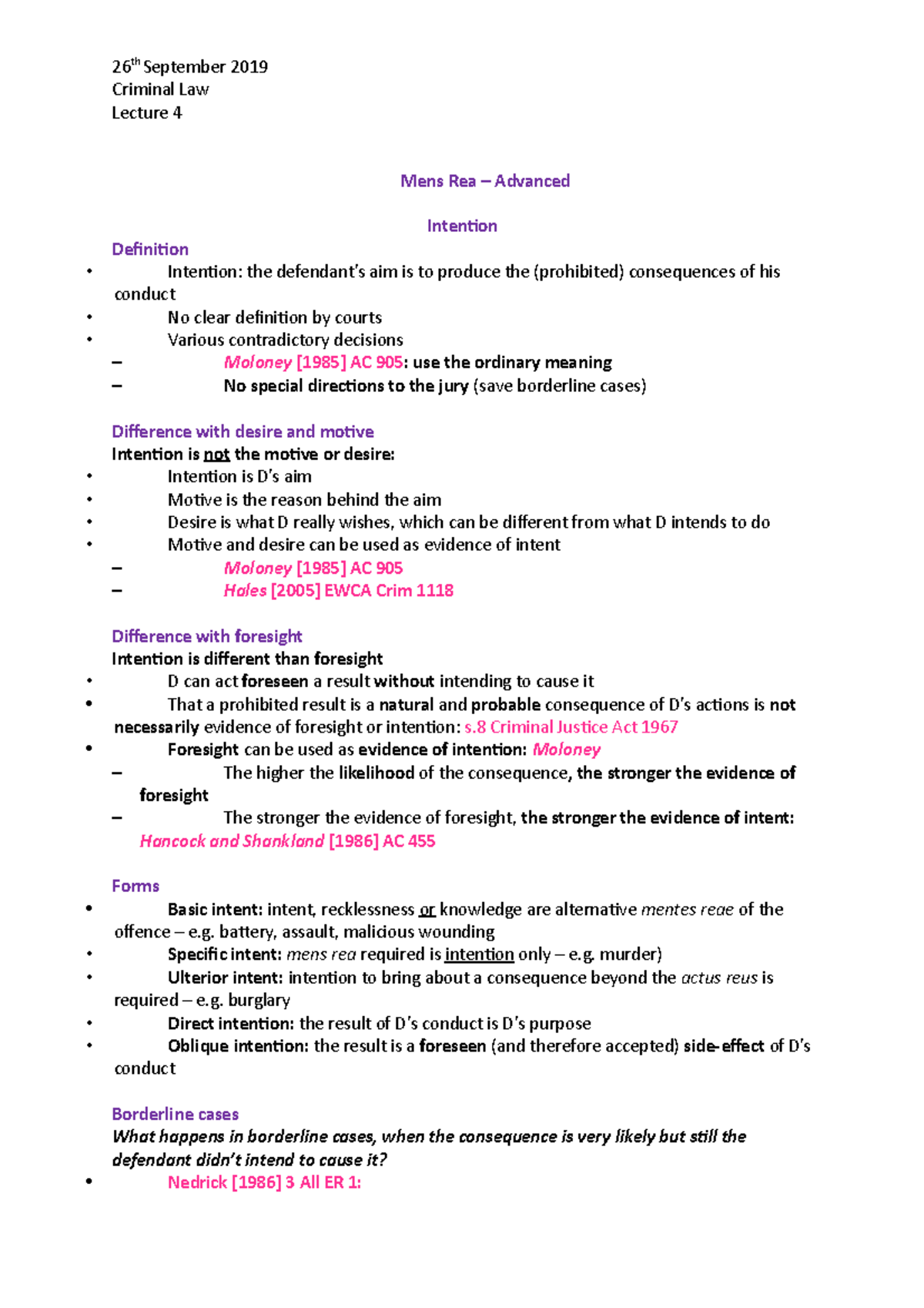 Criminal Law L4. 26 - Lecture Notes 4 - Criminal Law Lecture 4 Mens Rea ...