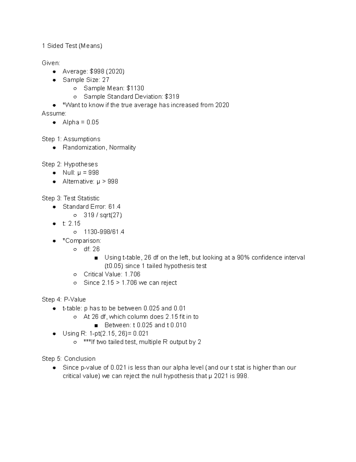 Hypothesis Testing Practice - 1 Sided Test (Means) Given: Average: $998 ...