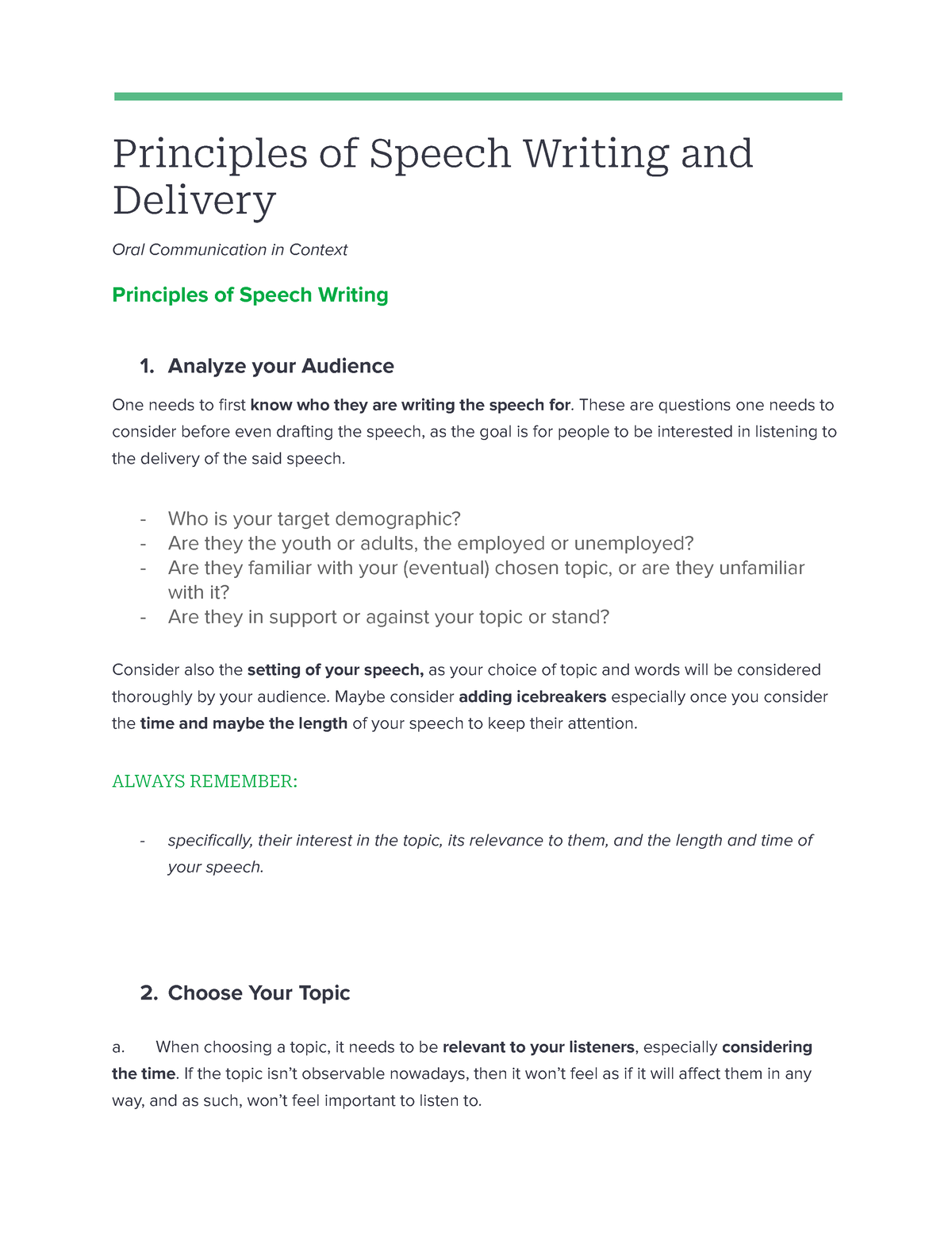 principles of speech writing and delivery