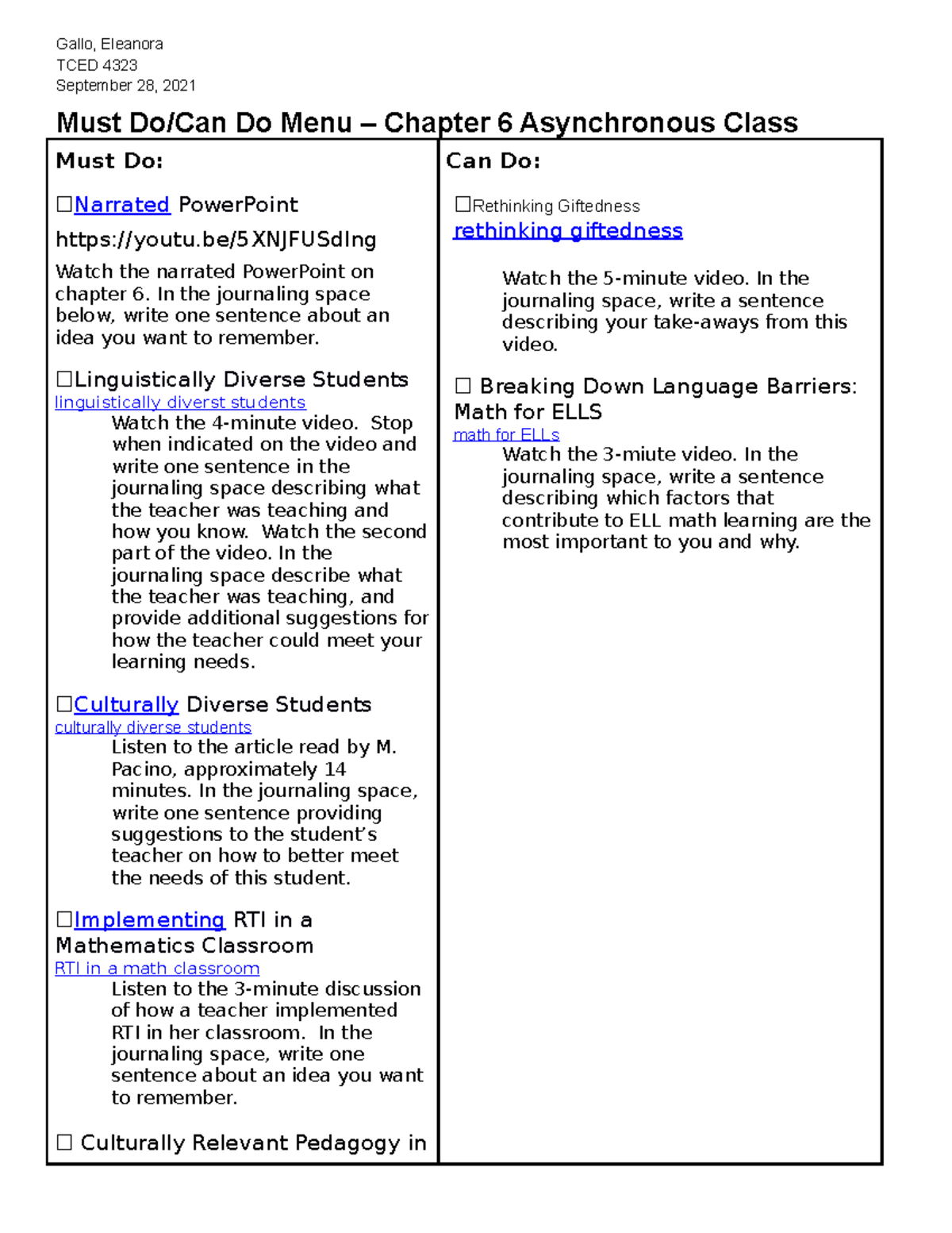 Chapter 6 Assignment - TCED 4323 September 28, 2021 Must Do/Can Do Menu ...