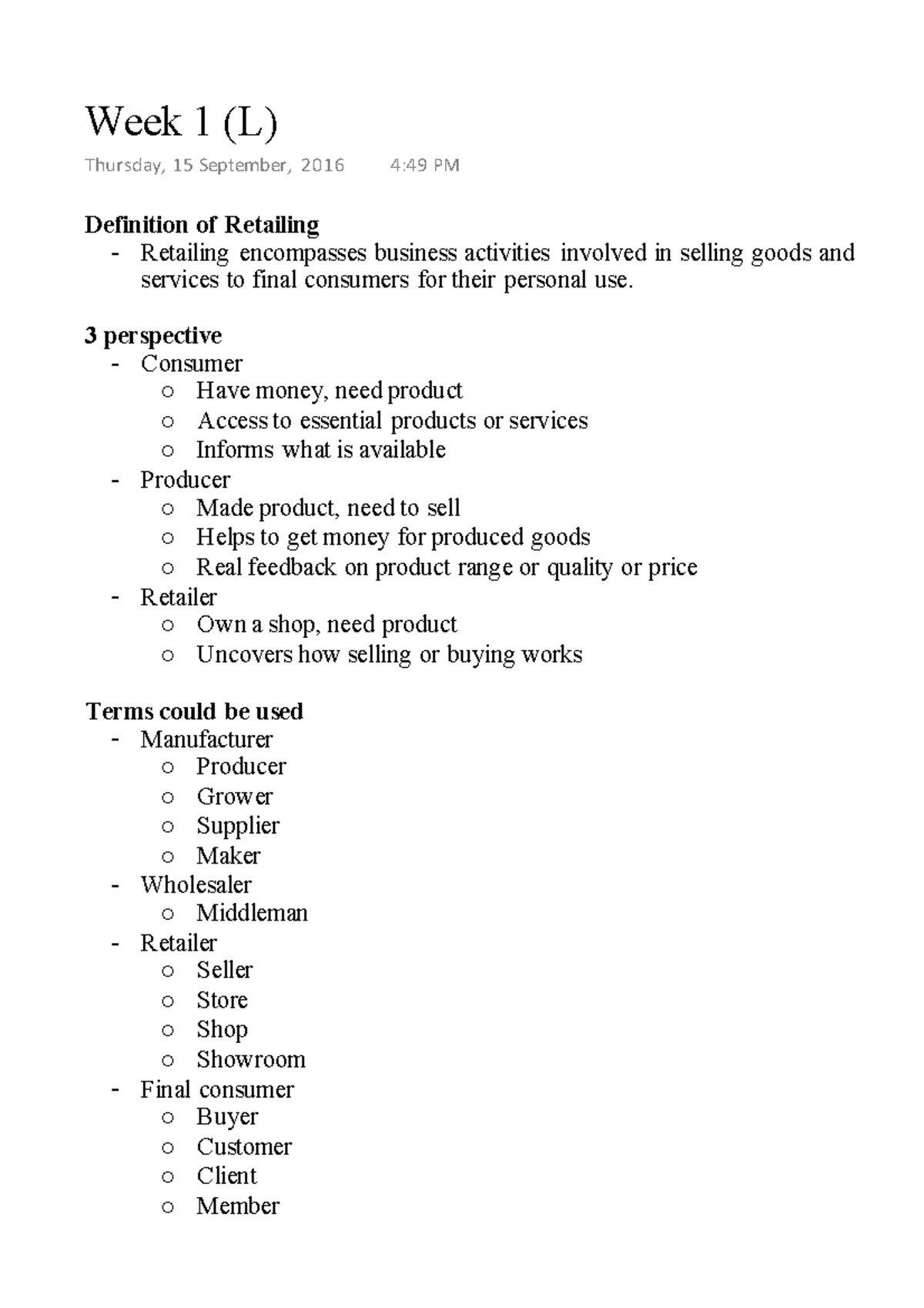 Week 1 (L) Retailing - Lecture notes 1 - Definition of Retailing ...
