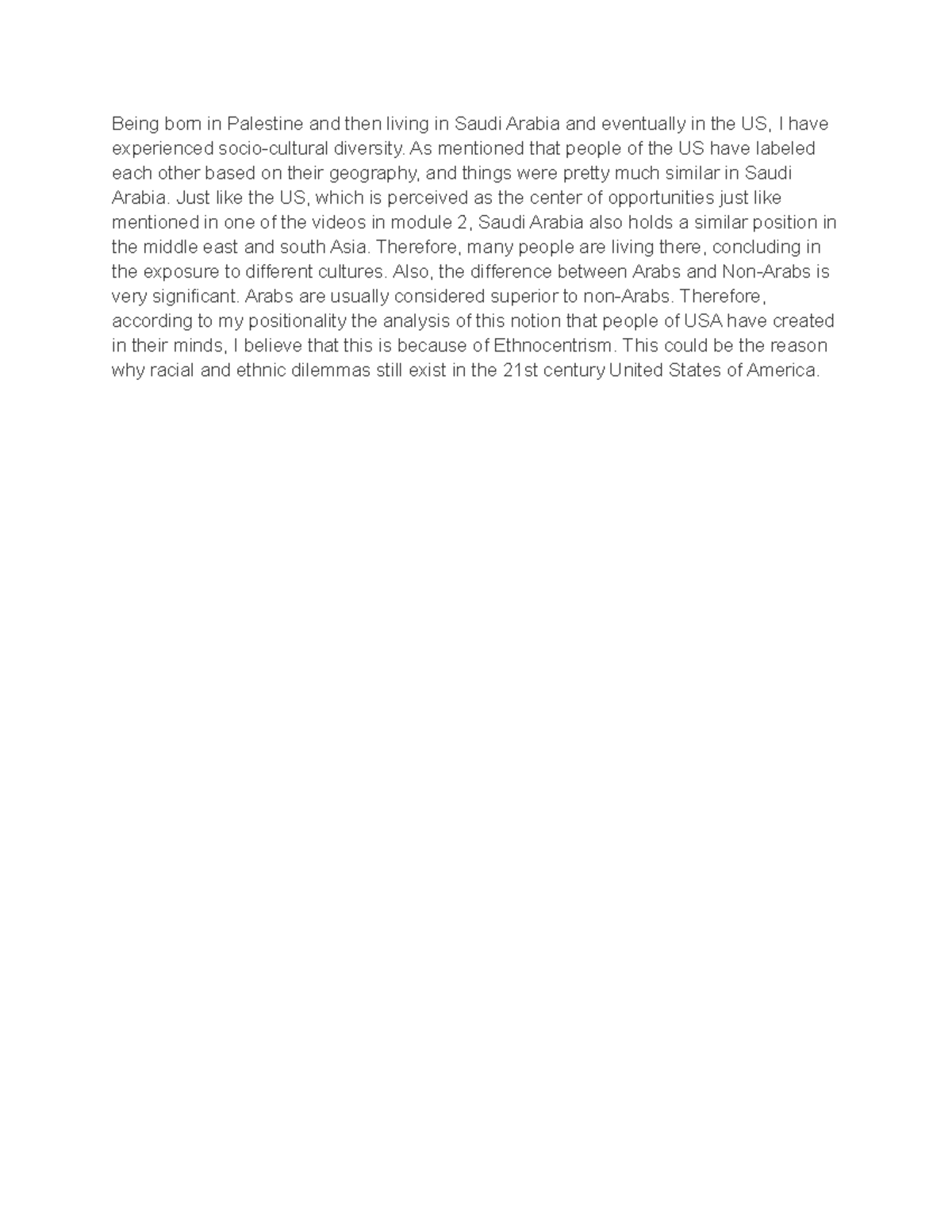 Anth 3101 - A perspective about Ameican Culture and society - Being