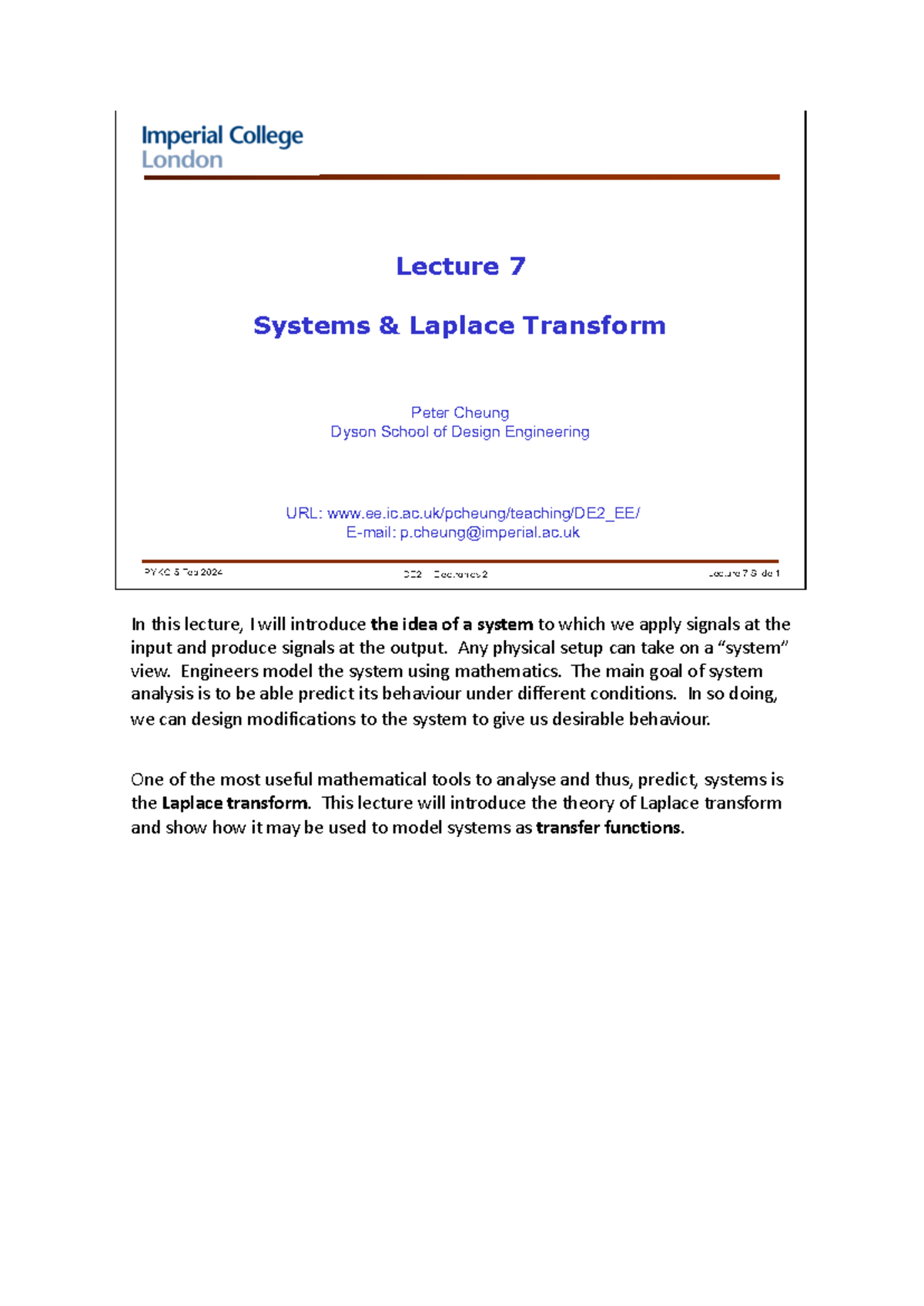 Lecture 7 - Systems & Laplace Transform (notes) - In this lecture, I ...