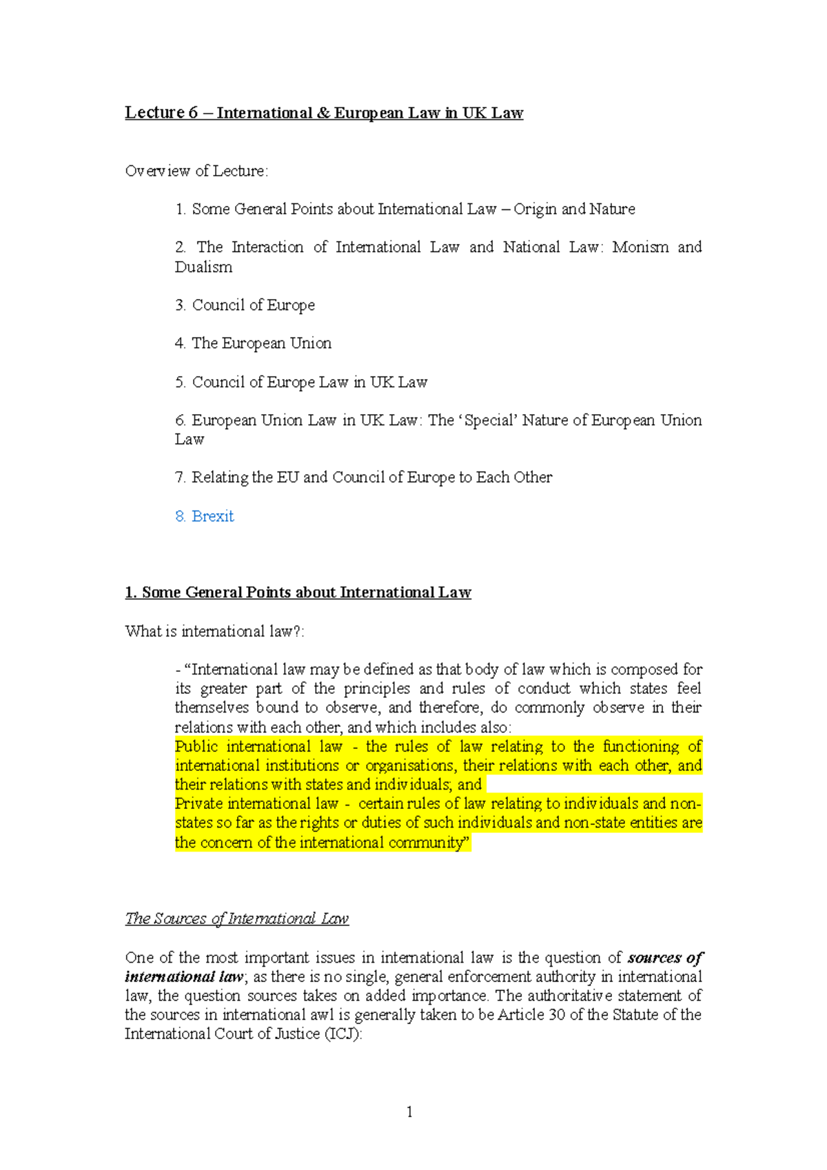 Lecture 6 - notes international and european law - Lecture 6 ...