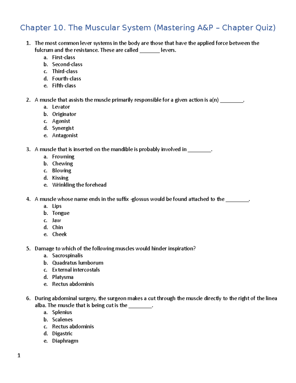 Chapter 10. Chapter Quiz (Pearson) - Chapter 10. The Muscular System ...