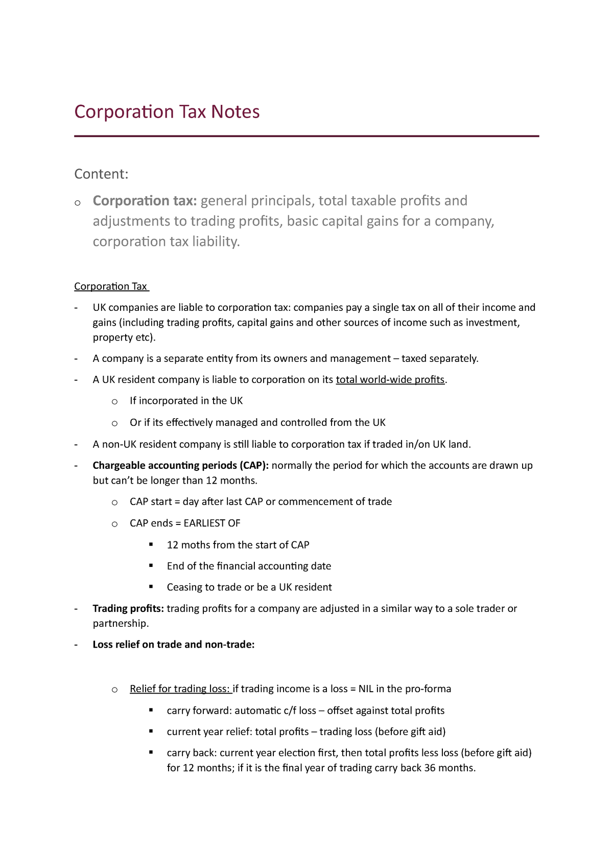 Corporation Tax Notes Taxation In Accounting Acc3009 Ncl Studocu