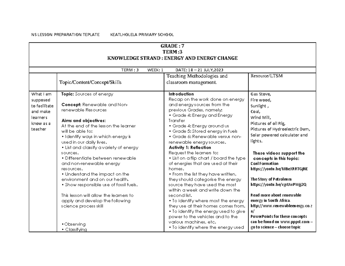 NS Lesson Preparation Teplate Keatlholela Primary School - NS LESSON ...