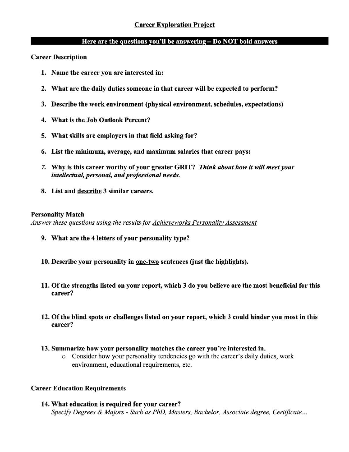 Career Project Questions - Use after reviewing instructions - EDUC-1300 ...