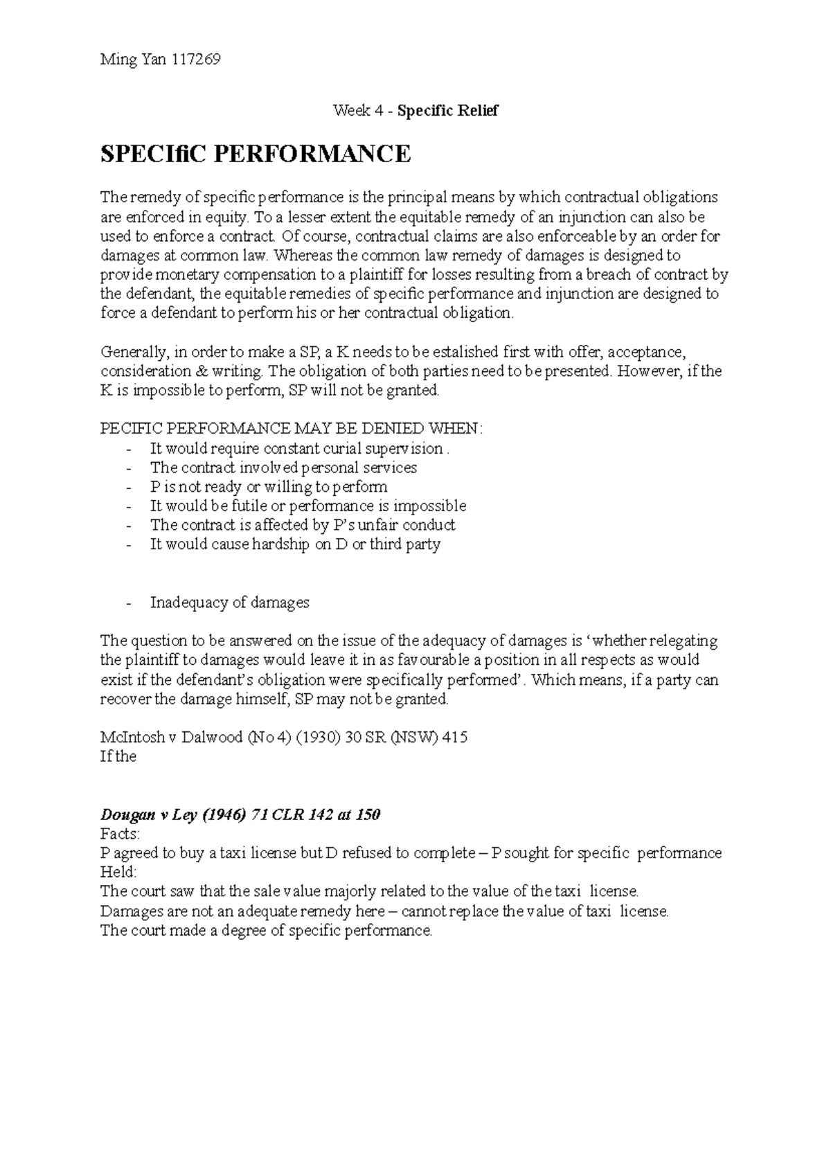 Week 4 - Weekly note - Week 4 - Specific Relief SPECIfiC PERFORMANCE ...