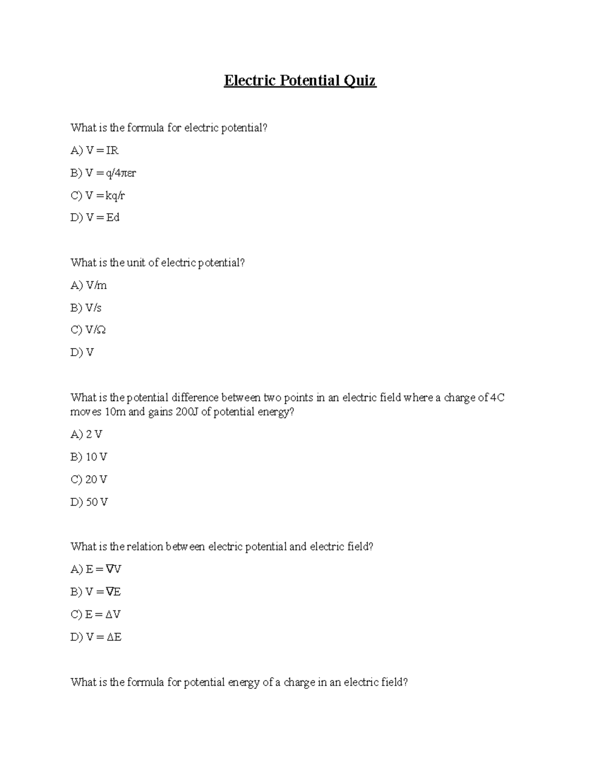 Electric Potential Quiz Studocu