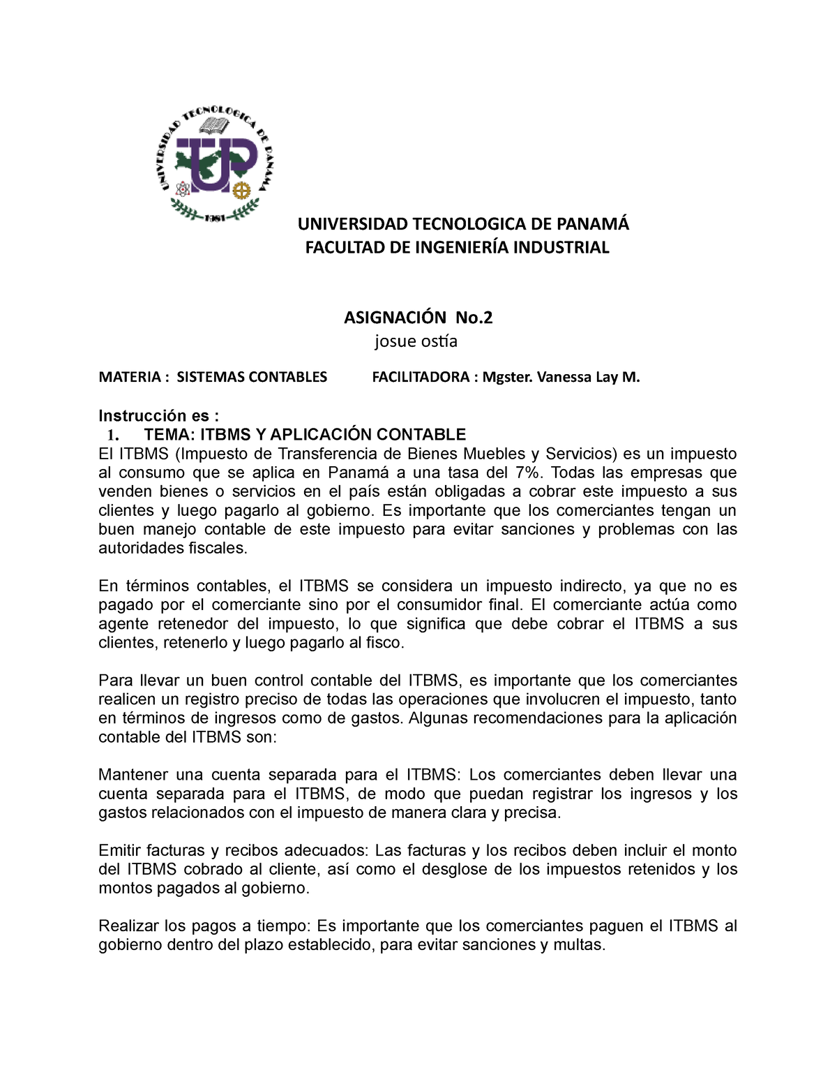 Asignacion No 2 Del Itbms De Grupo If121 Universidad Tecnologica De PanamÁ Facultad De 9841