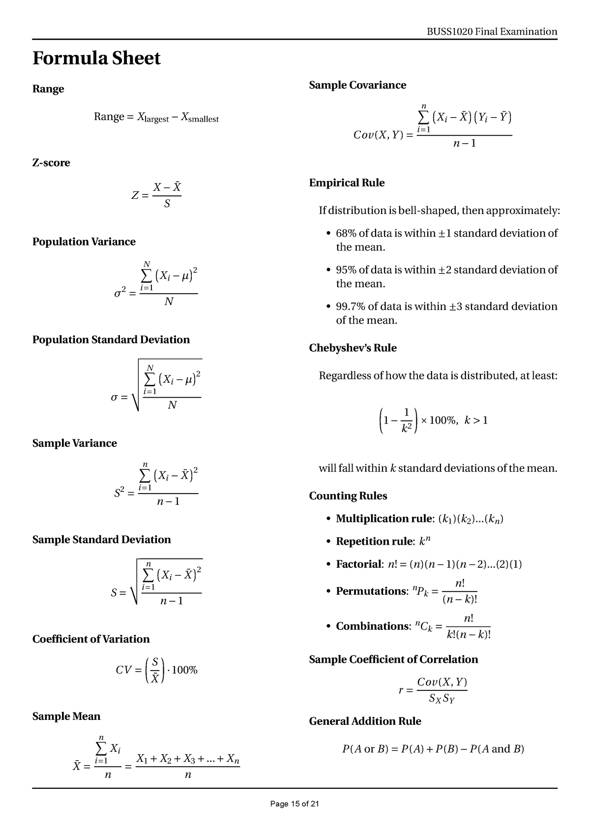 BUSS1020 Final Exam Formula Sheet - Formula Sheet Range Range = X ...