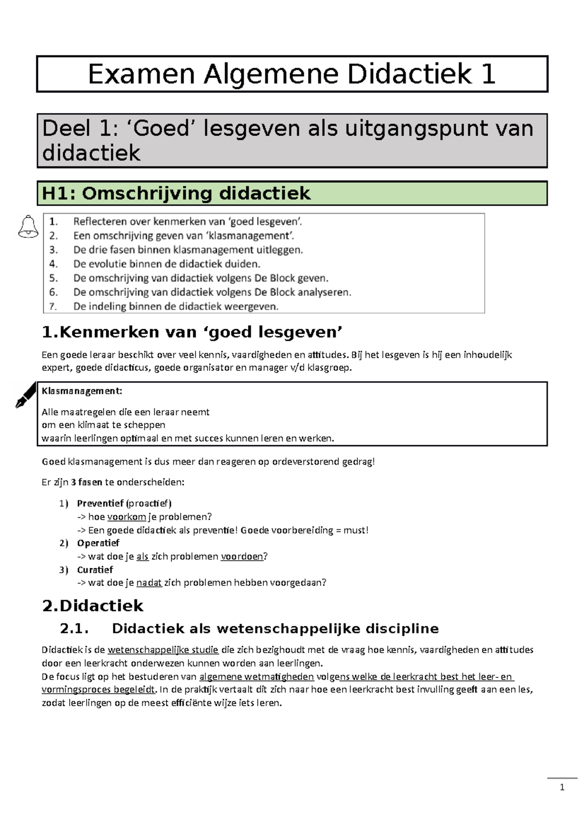 Samenvatting Examen Algemene Didactiek 1 - Deel 1 H1 - Examen Algemene ...