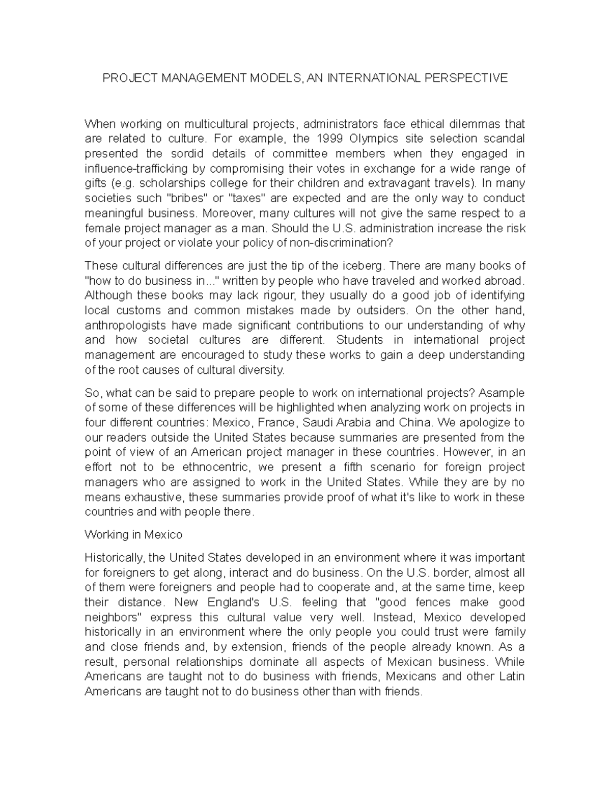 PROJECT MANAGEMENT MODELS, AN INTERNATIONAL PERSPECTIVE - For example ...