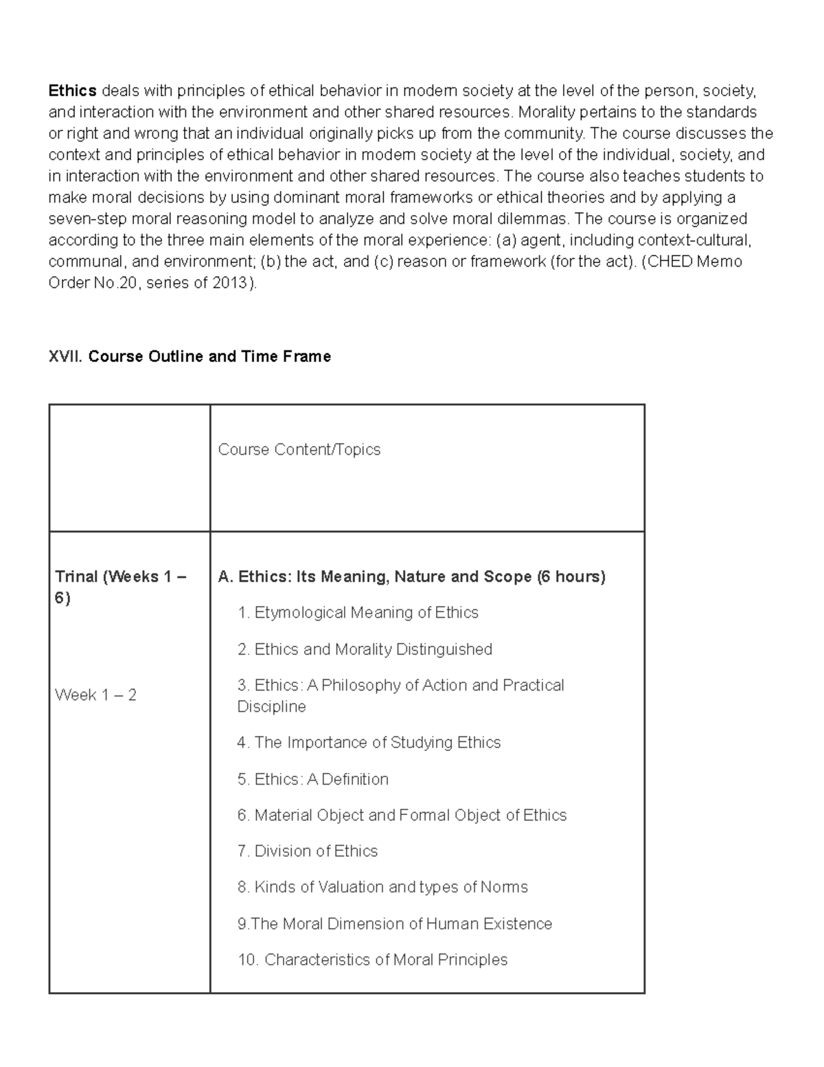 Week 1 - Overview Course Outline - Ethics deals with principles of ...