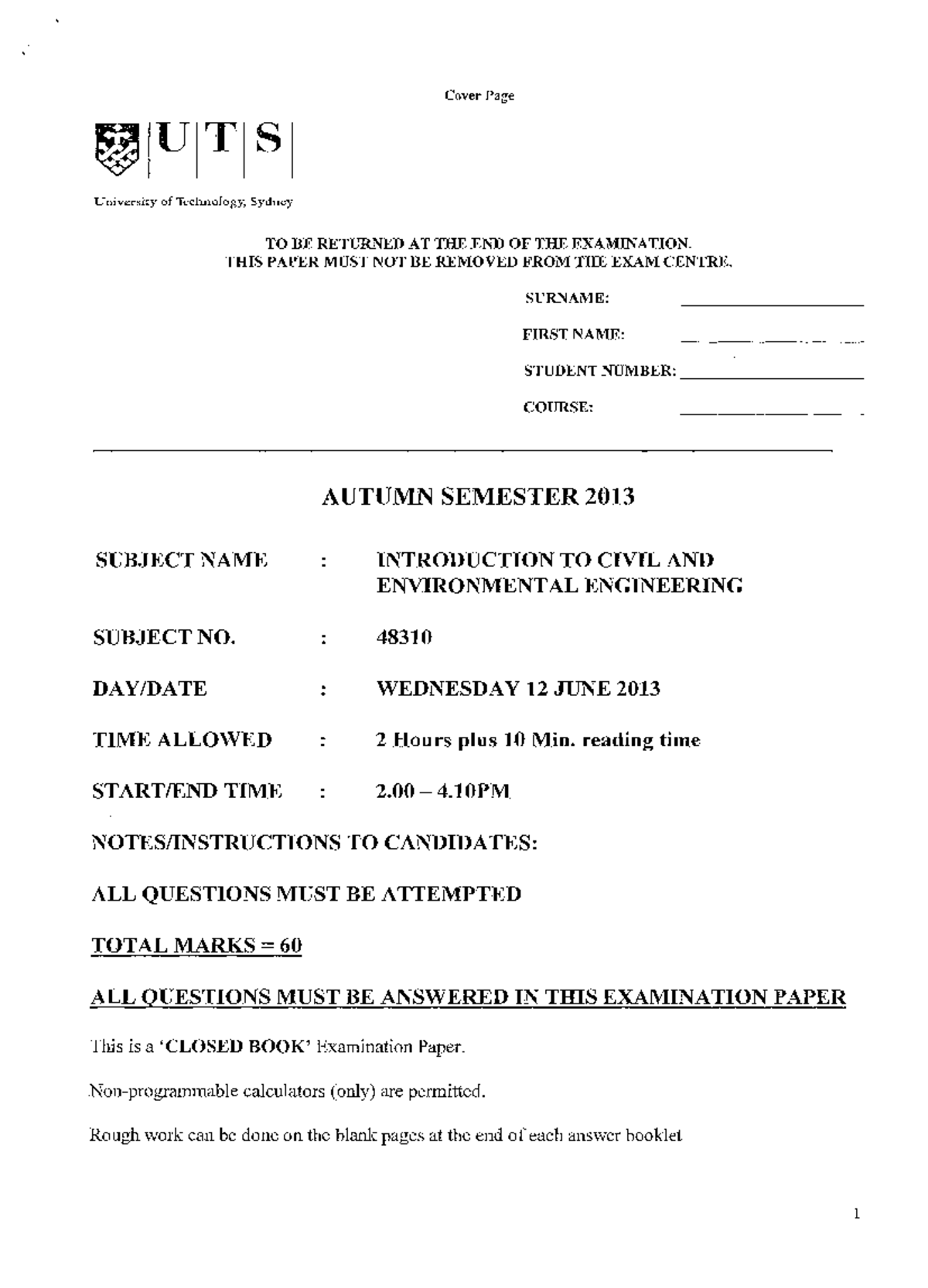 Exam 2013, questions - Cover Page Universit:y of Technology, Sydney TO ...