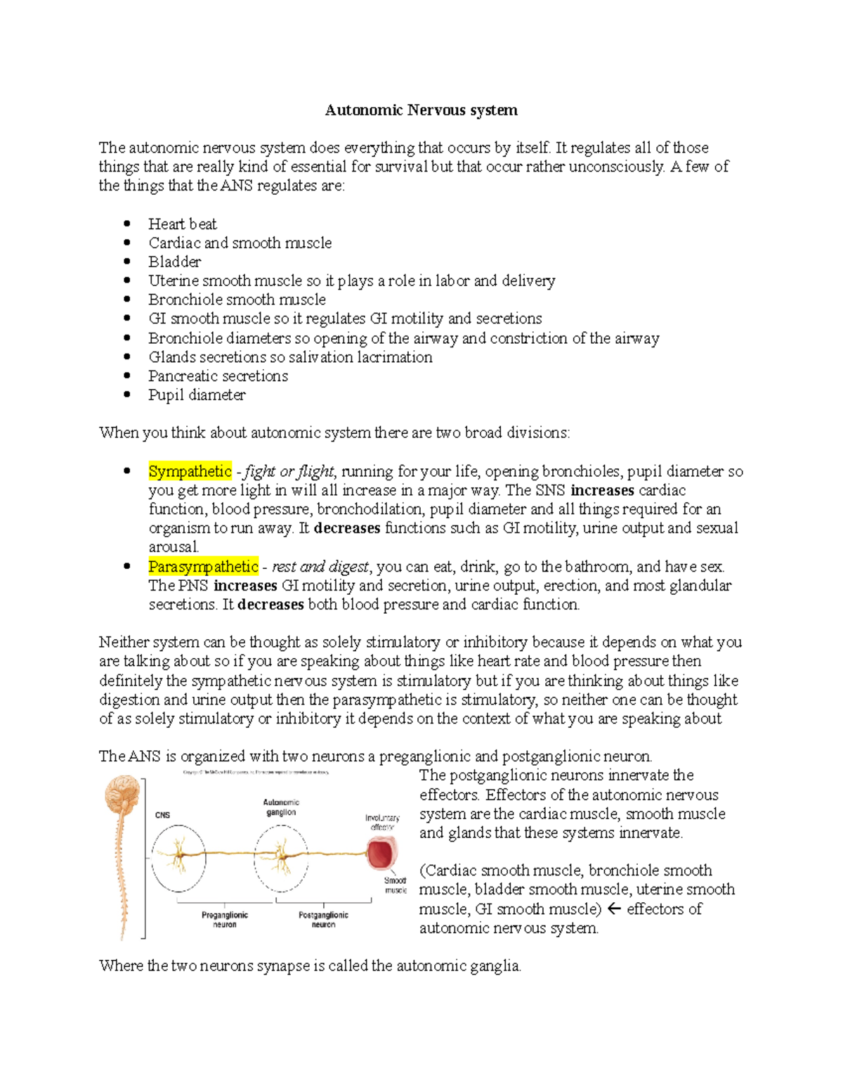 Physio Exam 2 Notes - Autonomic Nervous system The autonomic nervous ...