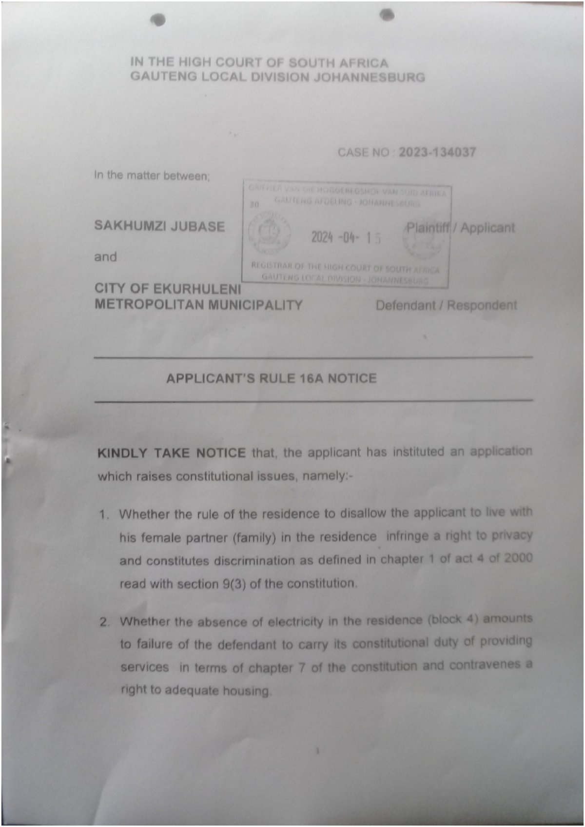 NOTICE IN TERMS OF RULE 16A - CLS 121E - Studocu