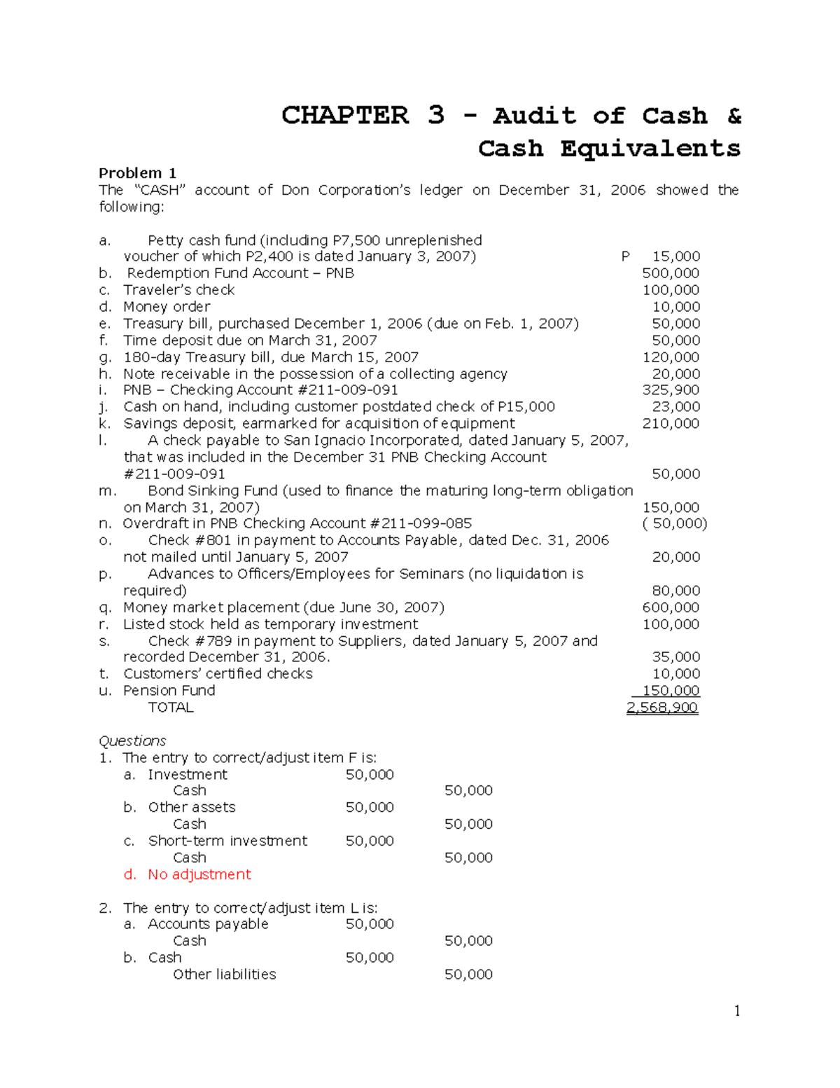 Audit Of Cash And Cash Equivalents Accountancy BS Accountancy 2020 