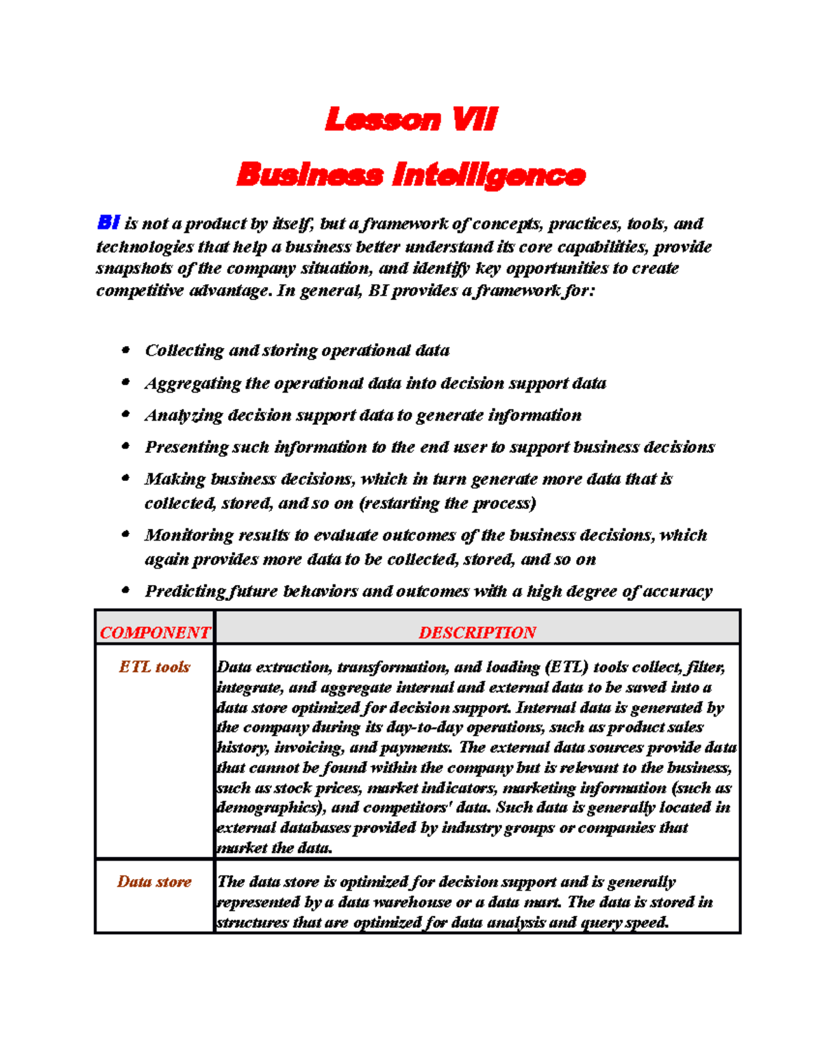 Lesson VII ( Business Inteligence) - Lesson VII Business Intelligence ...