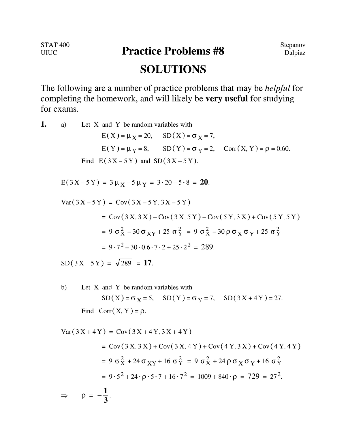 Pp08-soln - Udbs - STAT 400 UIUC Practice Problems SOLUTIONS Stepanov ...