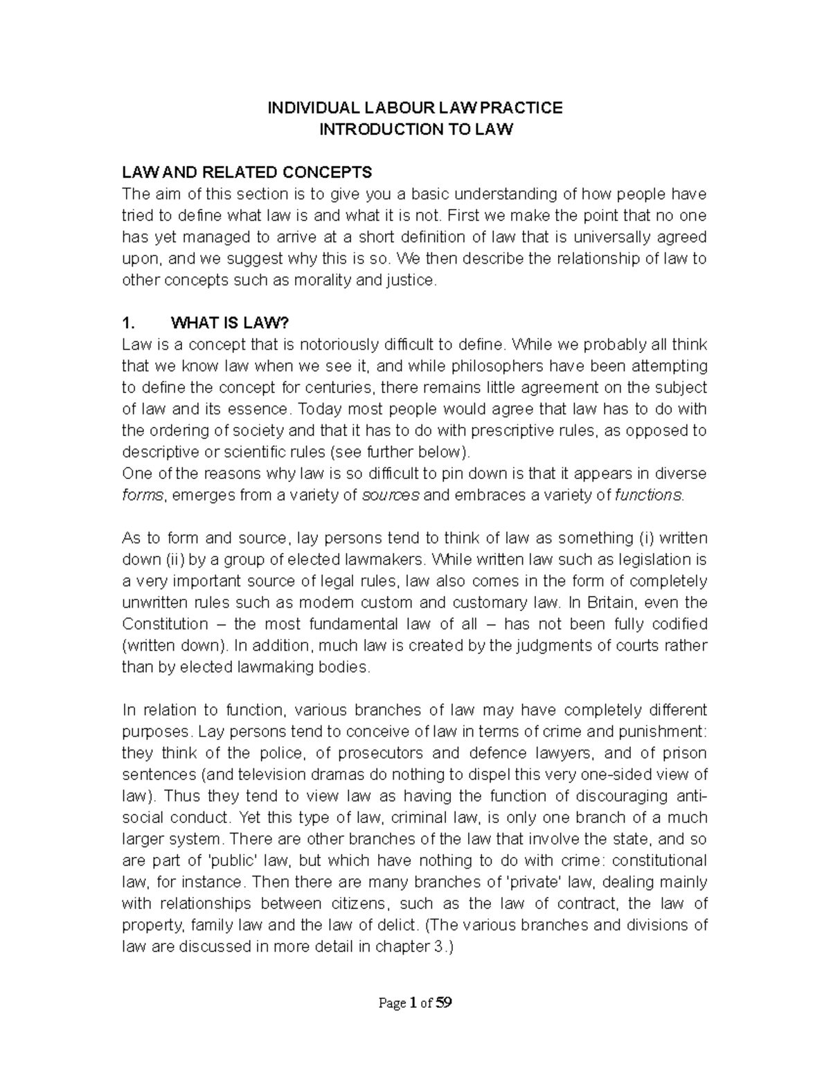Introduction TO LAW Notes - INDIVIDUAL LABOUR LAW PRACTICE INTRODUCTION ...