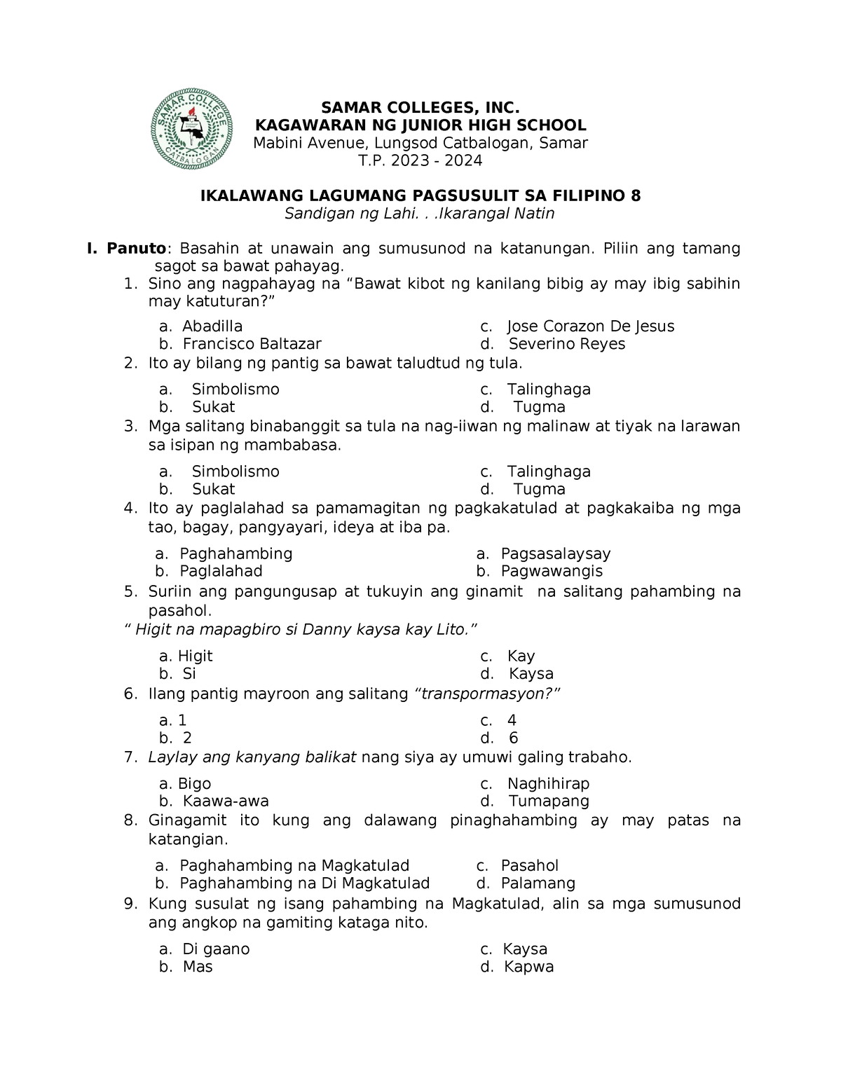 Q 2 Summative 8 I Panuto Basahin At Unawain Ang Sumusunod Na Katanungan Piliin Ang Tamang