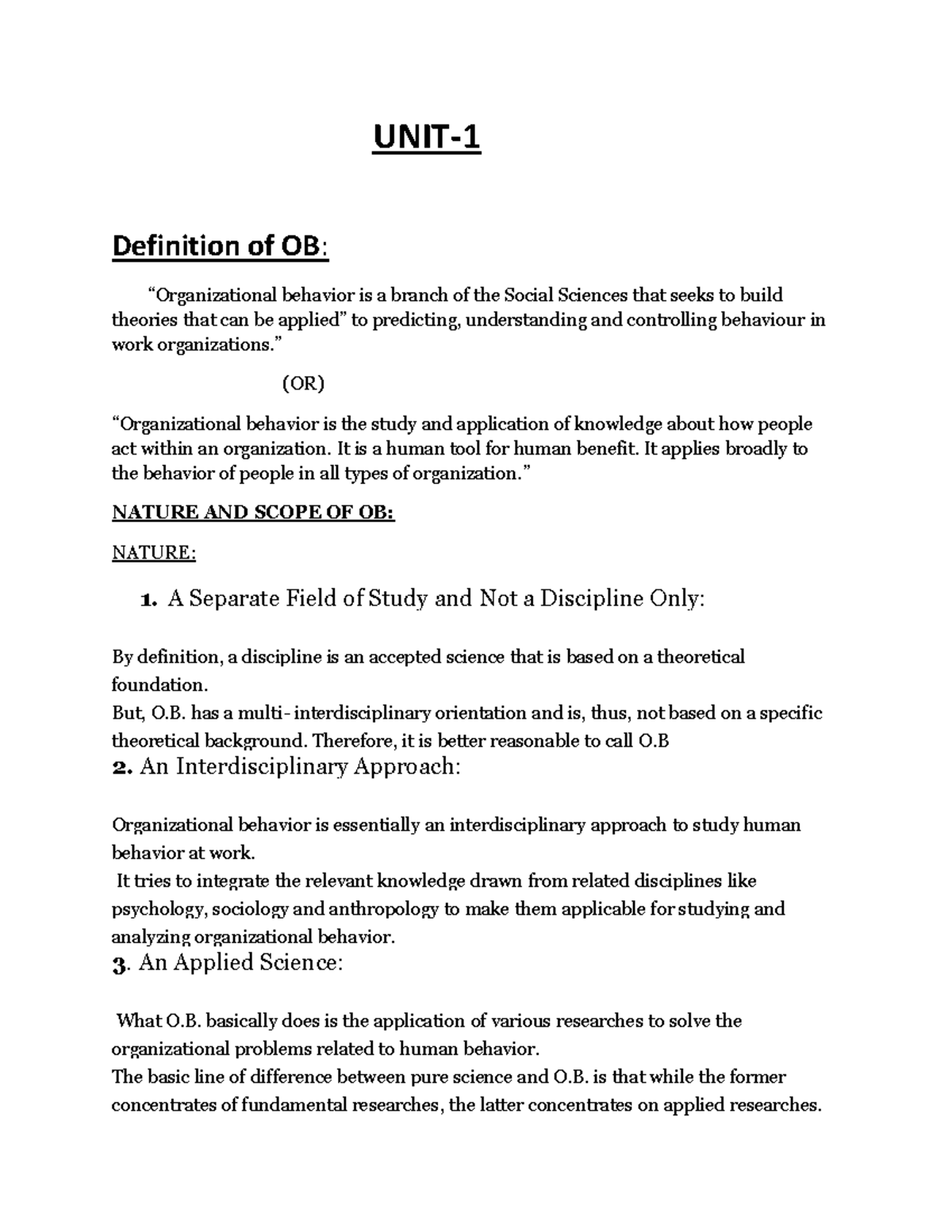OB - Notes Taken By Me From Class - UNIT- Definition of OB ...