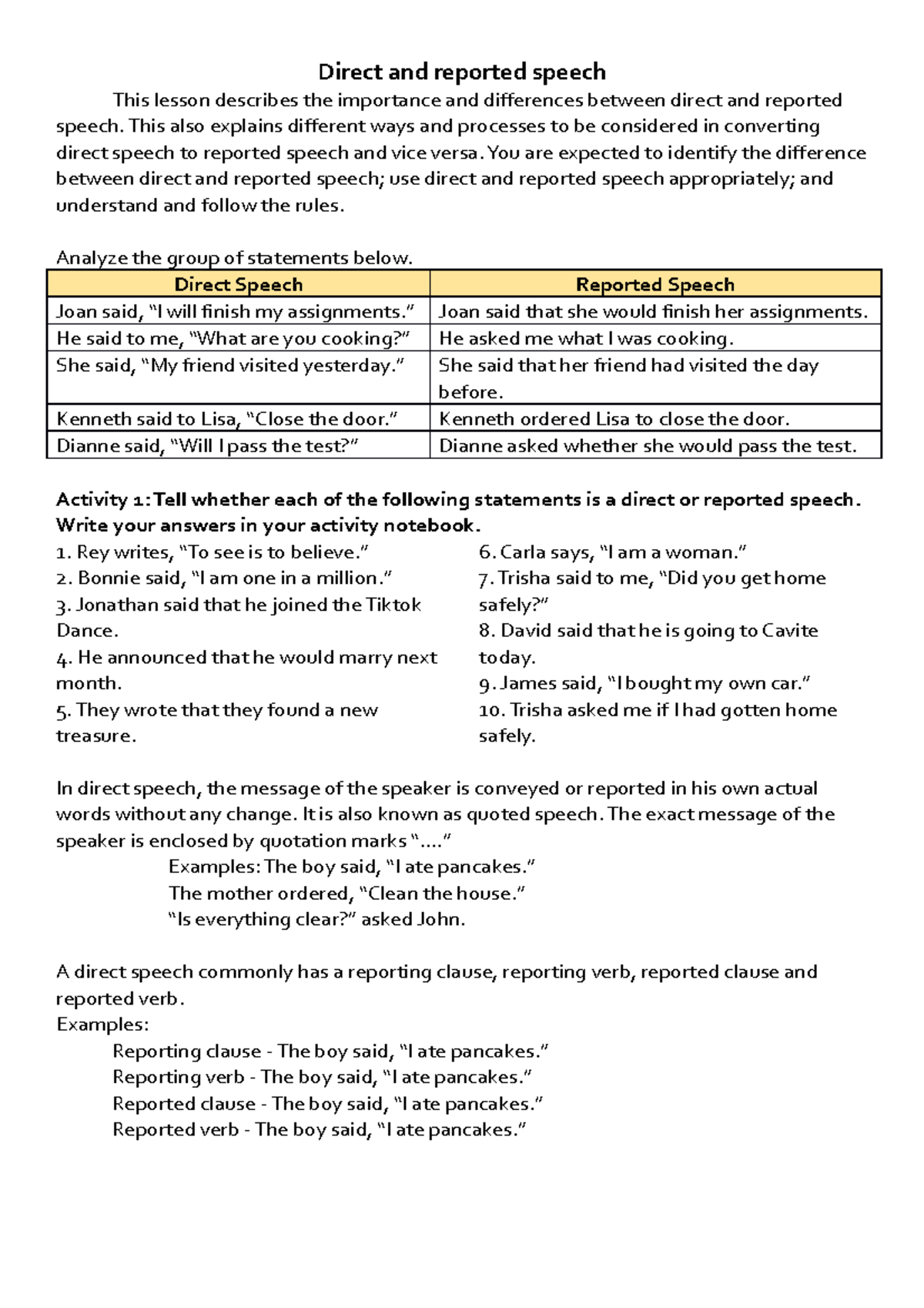 handout on direct and indirect speech - Direct and reported speech This ...