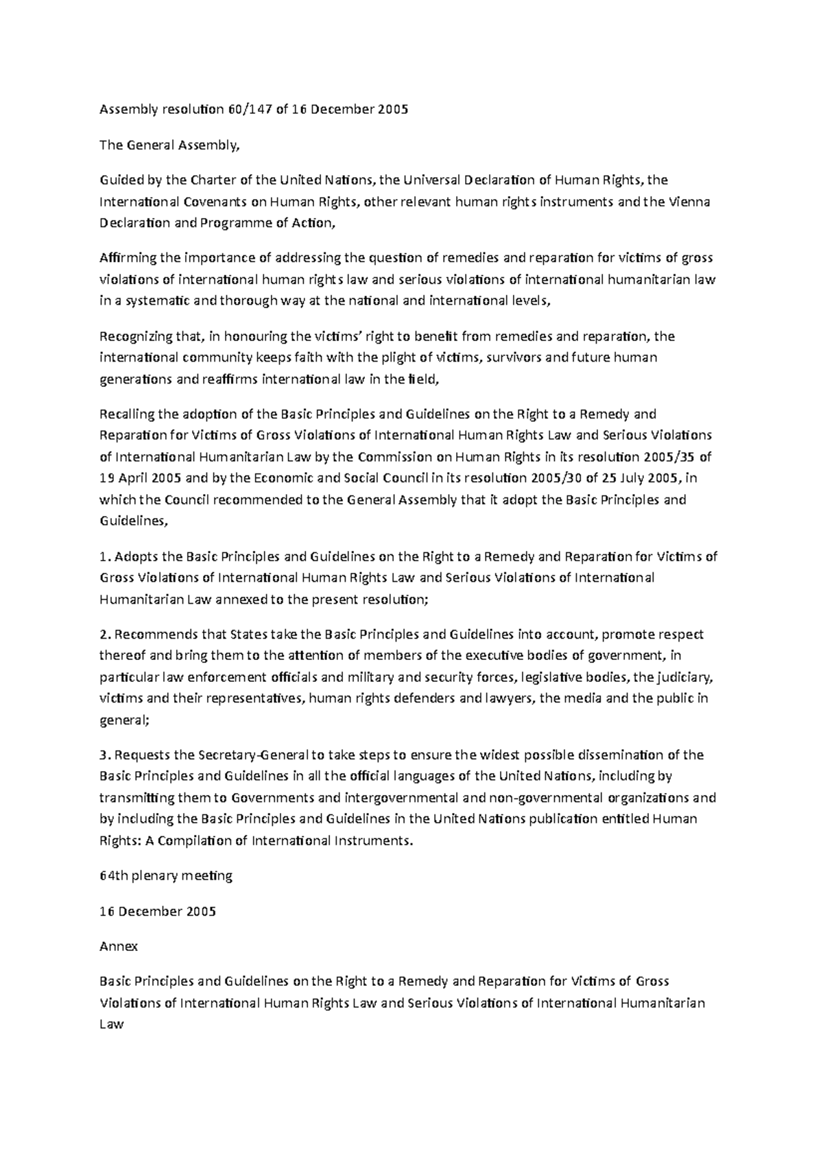 Assembly resolution 60, Basic Principles and Guidelines on the Right to