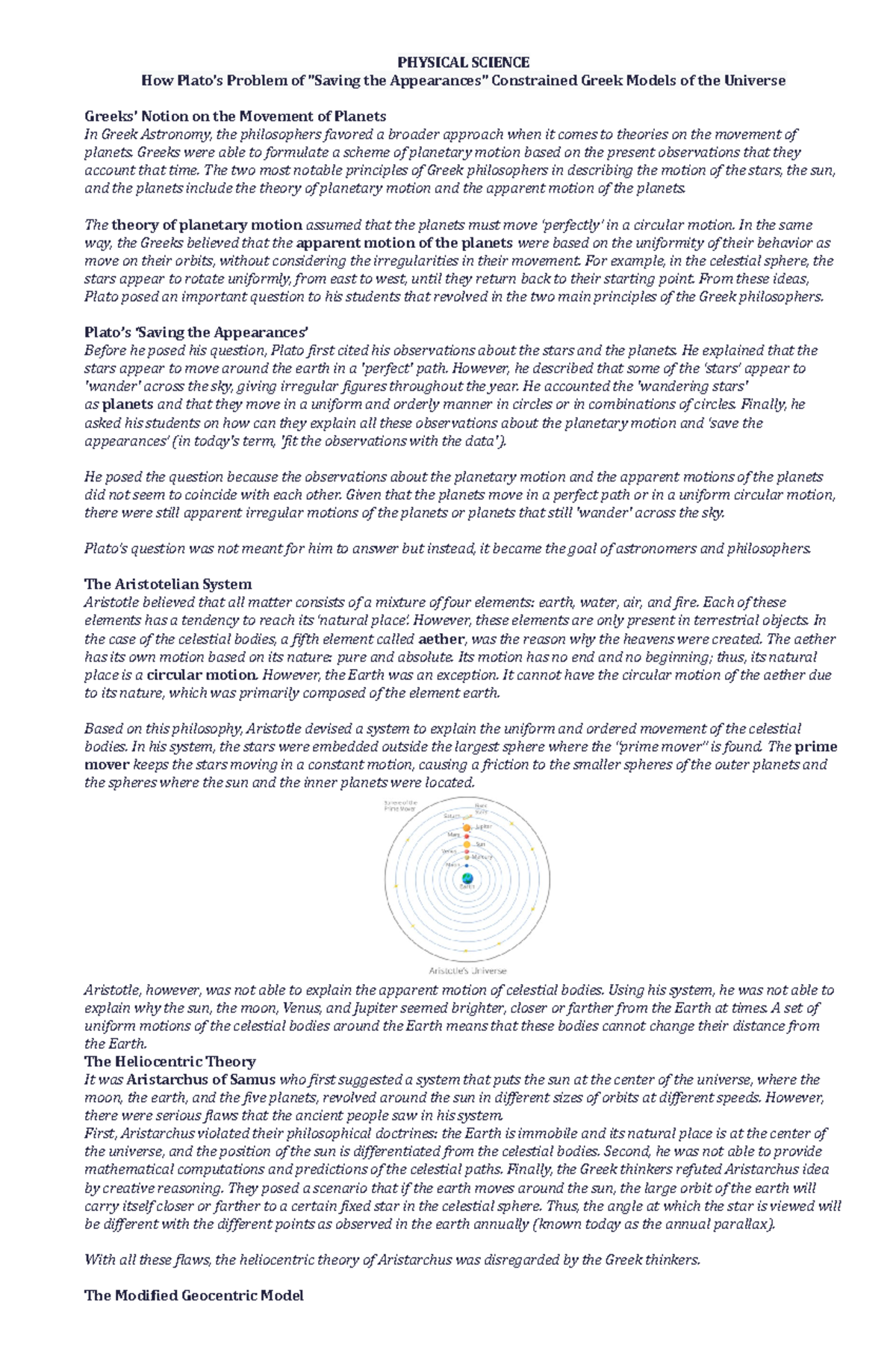 How Plato's Problem of Saving the Appearances Constrained Greek Models