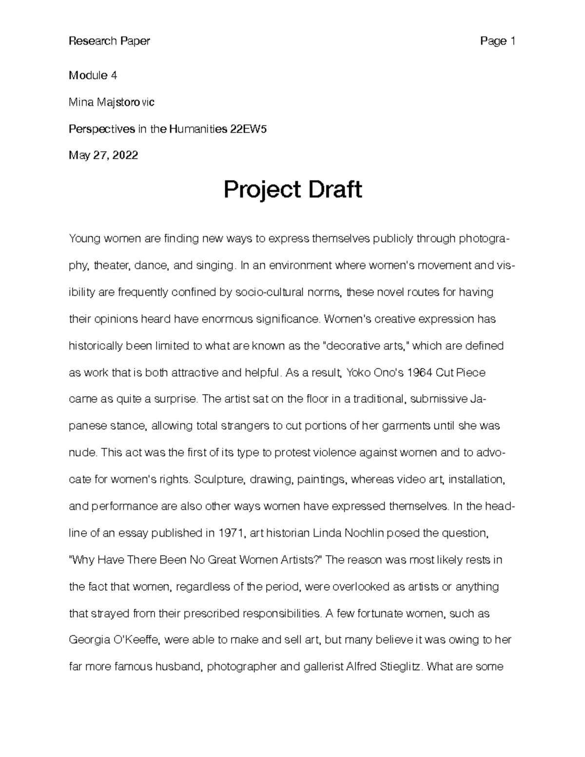 Project Draft (PDF) - Research Paper Page 1 Module 4 Mina Majstorovic ...