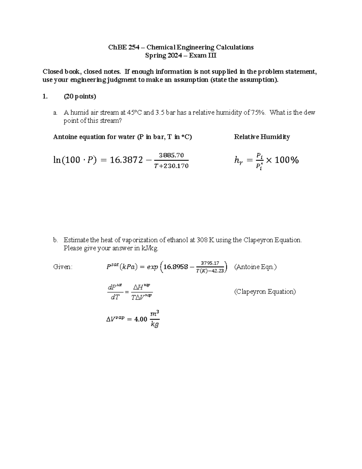 CHE 254 Old Exam III - Practice Exam III for CHE 254 University of ...