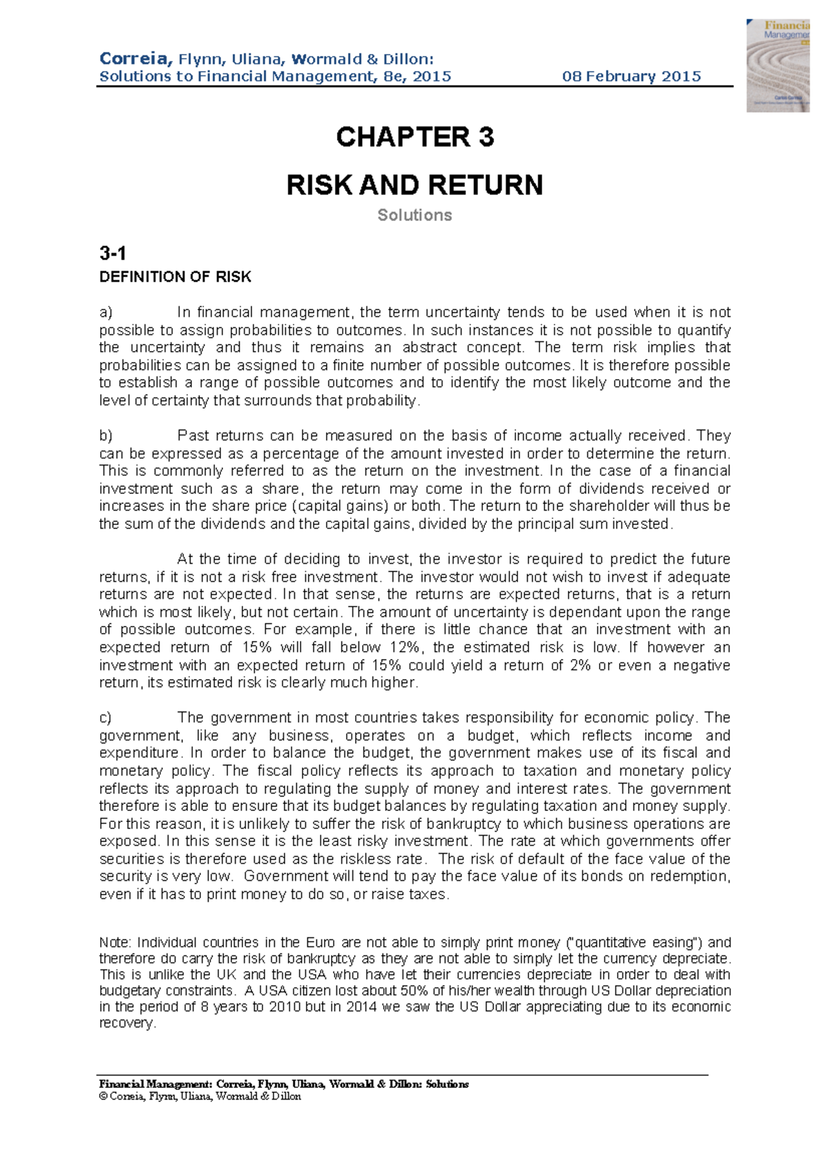 RISK AND Return - Solutions to Financial Management, 8e, 2015 08 ...
