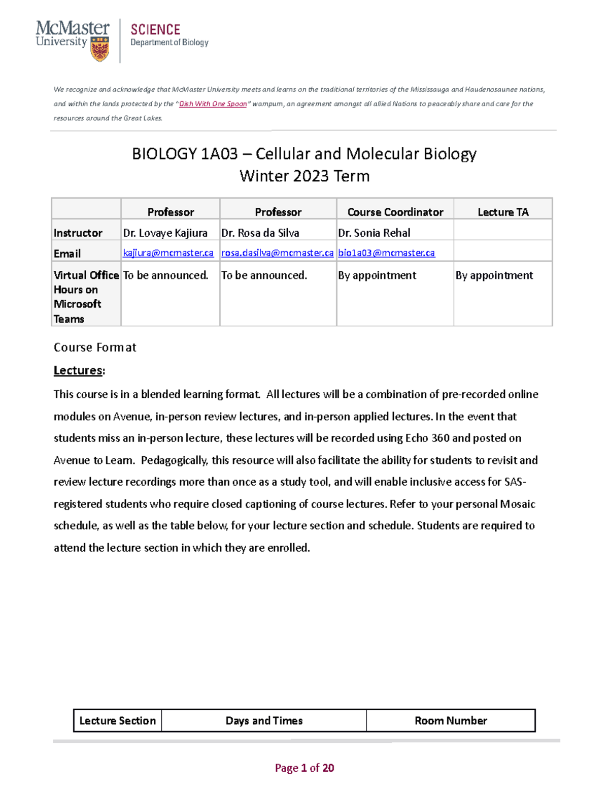 Biology 1a03 course outline w2023 - We recognize and acknowledge that ...
