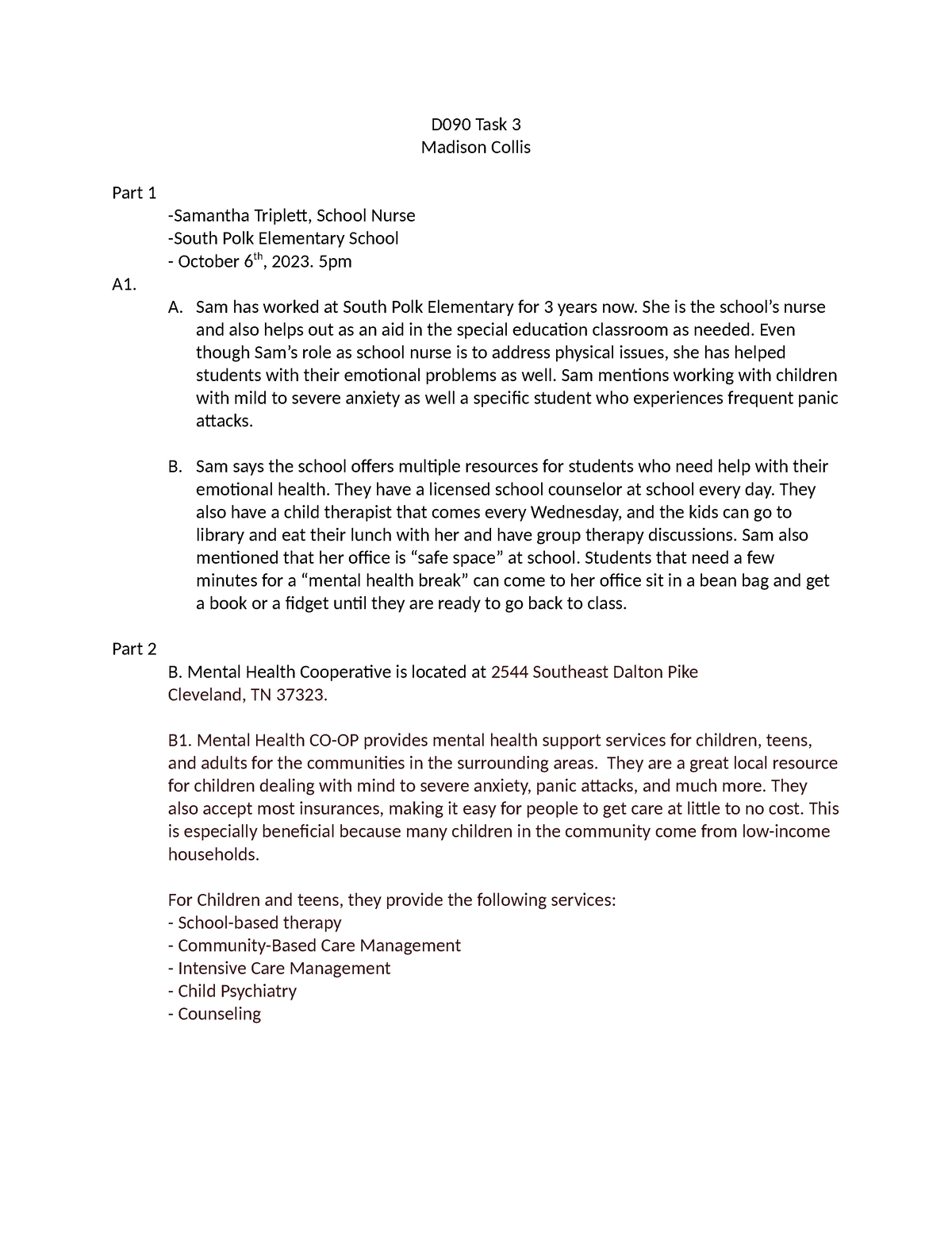 D090 Task 3 - Passed - D090 Task 3 Madison Collis Part 1 -Samantha ...