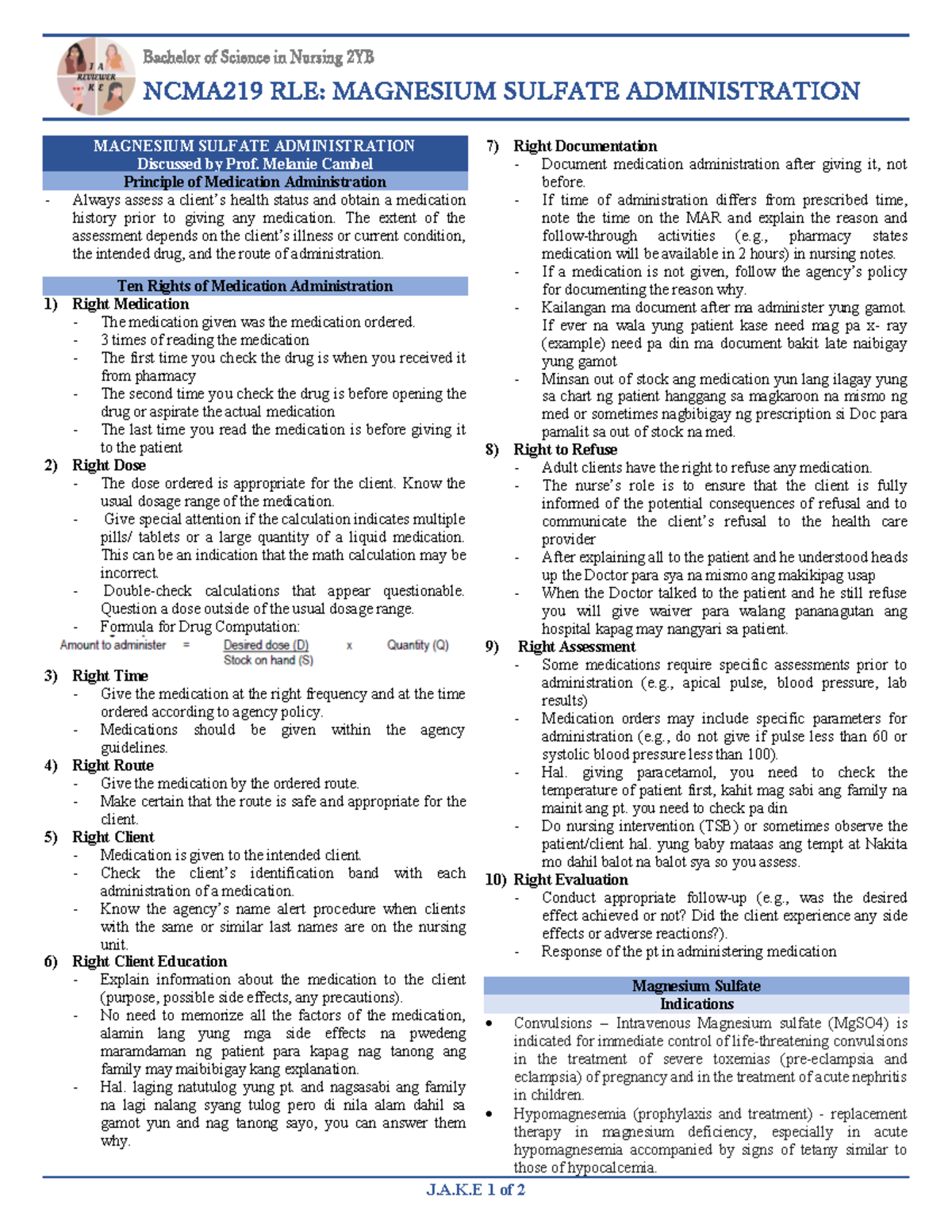 WK2 Magnesium Sulfate Administration J.A.K 1 of 2 Bachelor of