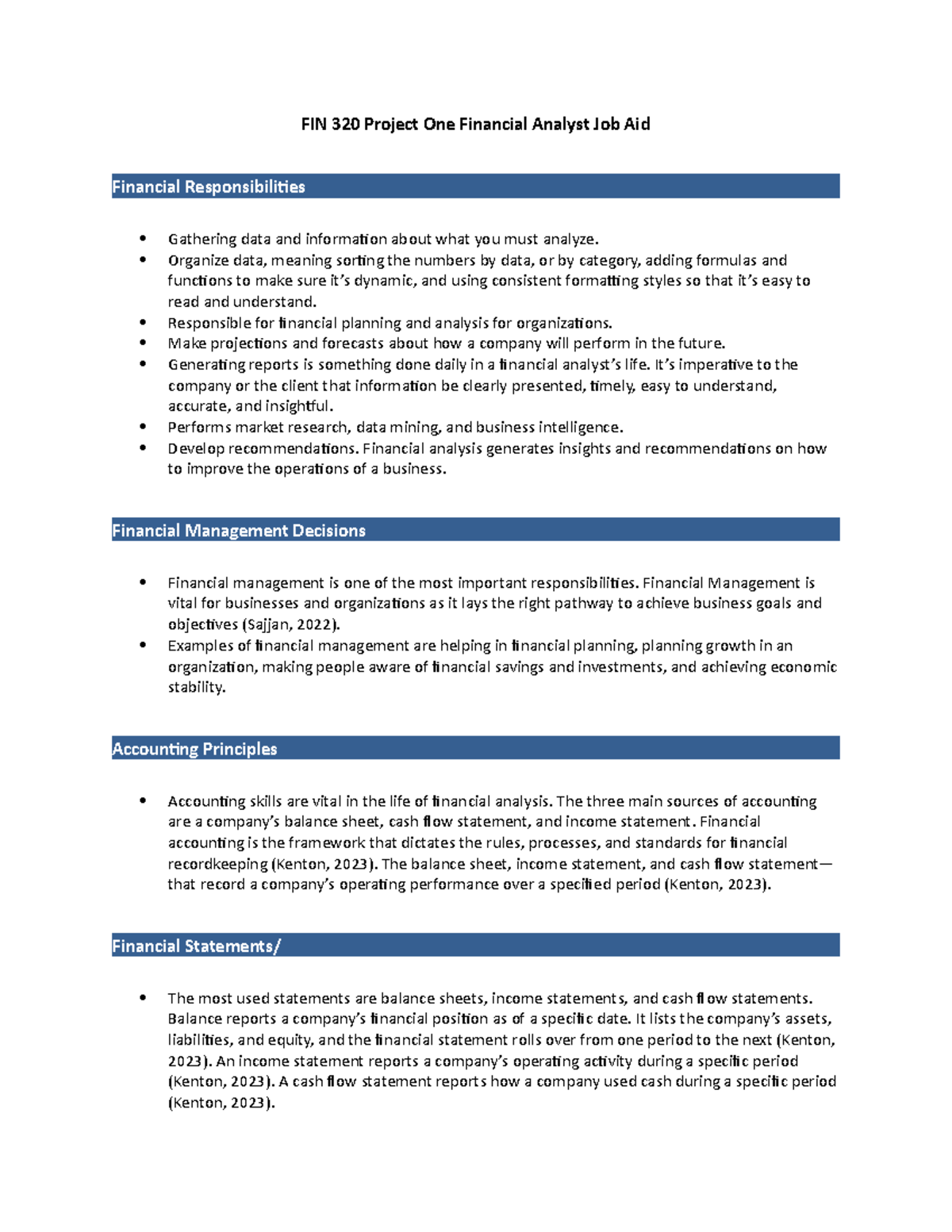 FIN 320 Project One Financial Analyst Job Aid (3) Organize data