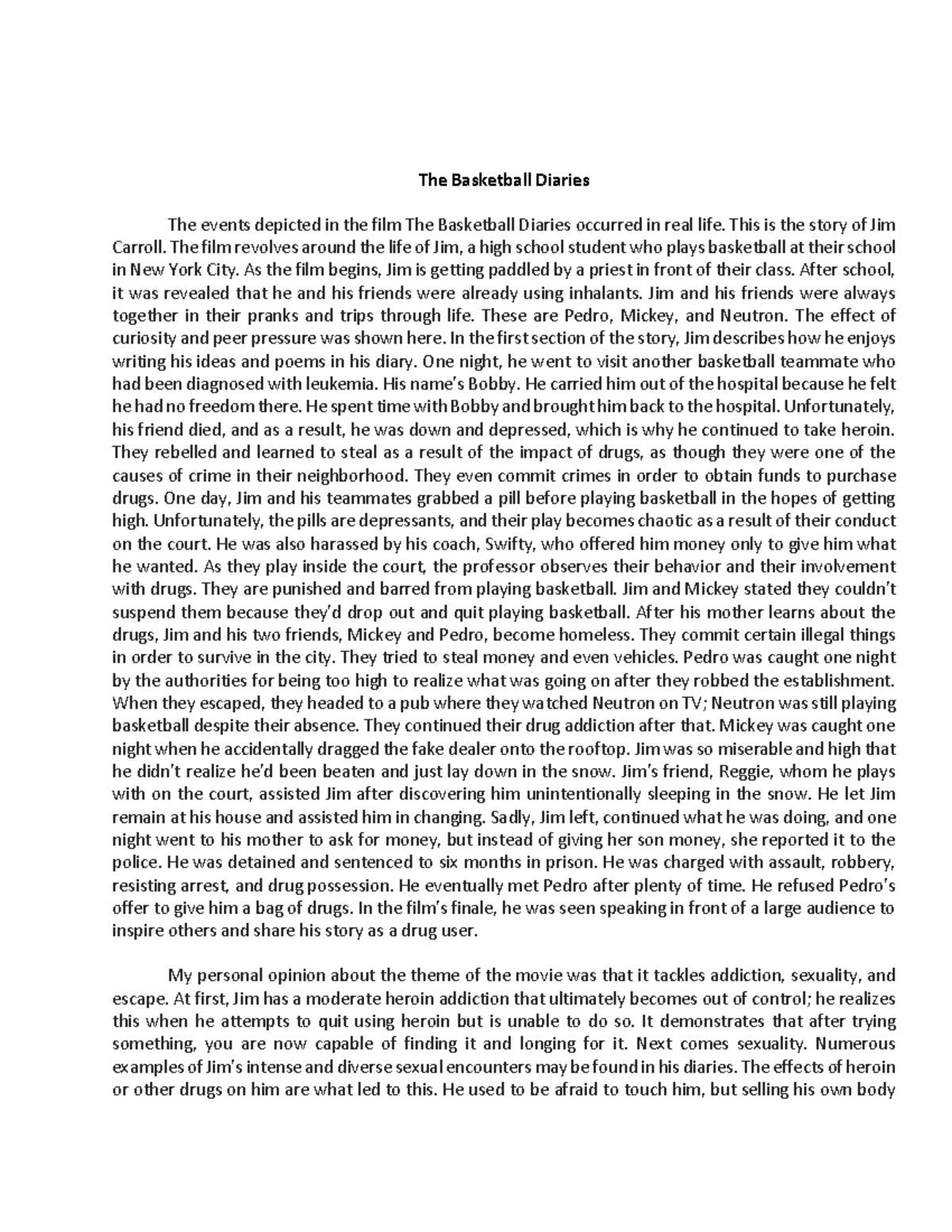 Basketball Diaries Reflection Paper The Basketball Diaries The