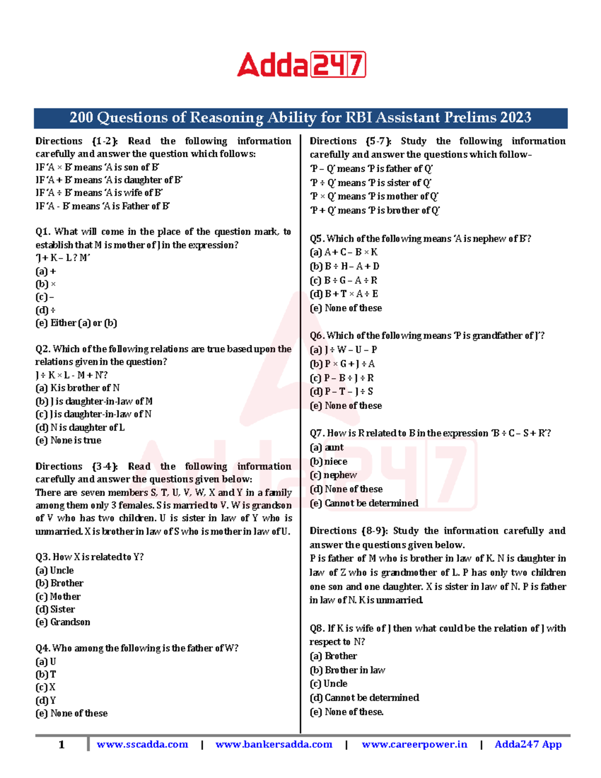 200 Questions of Reasoning Ability for RBI Assistant Prelims 2023 ...