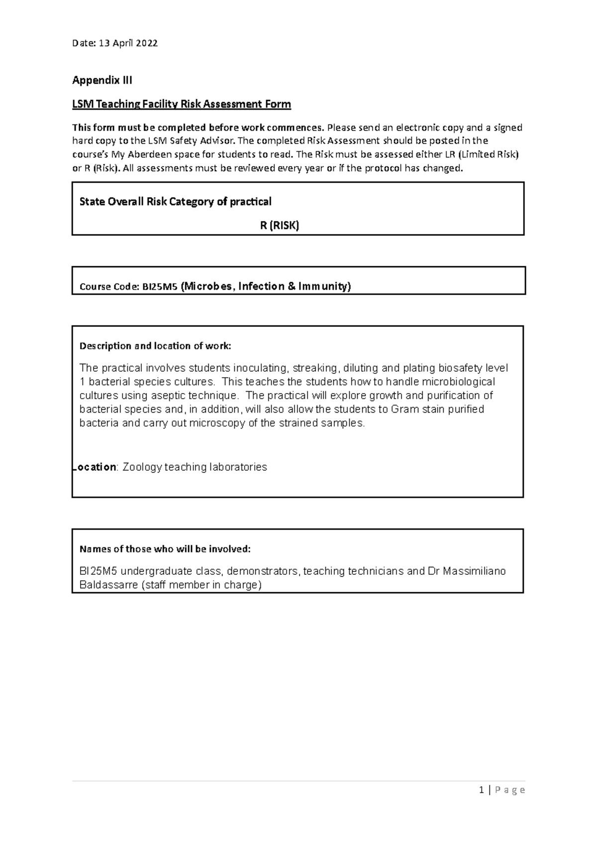 BI25M5 Practical Risk Assessment (Covid) 2022 - BI25M5 - Abdn - Studocu